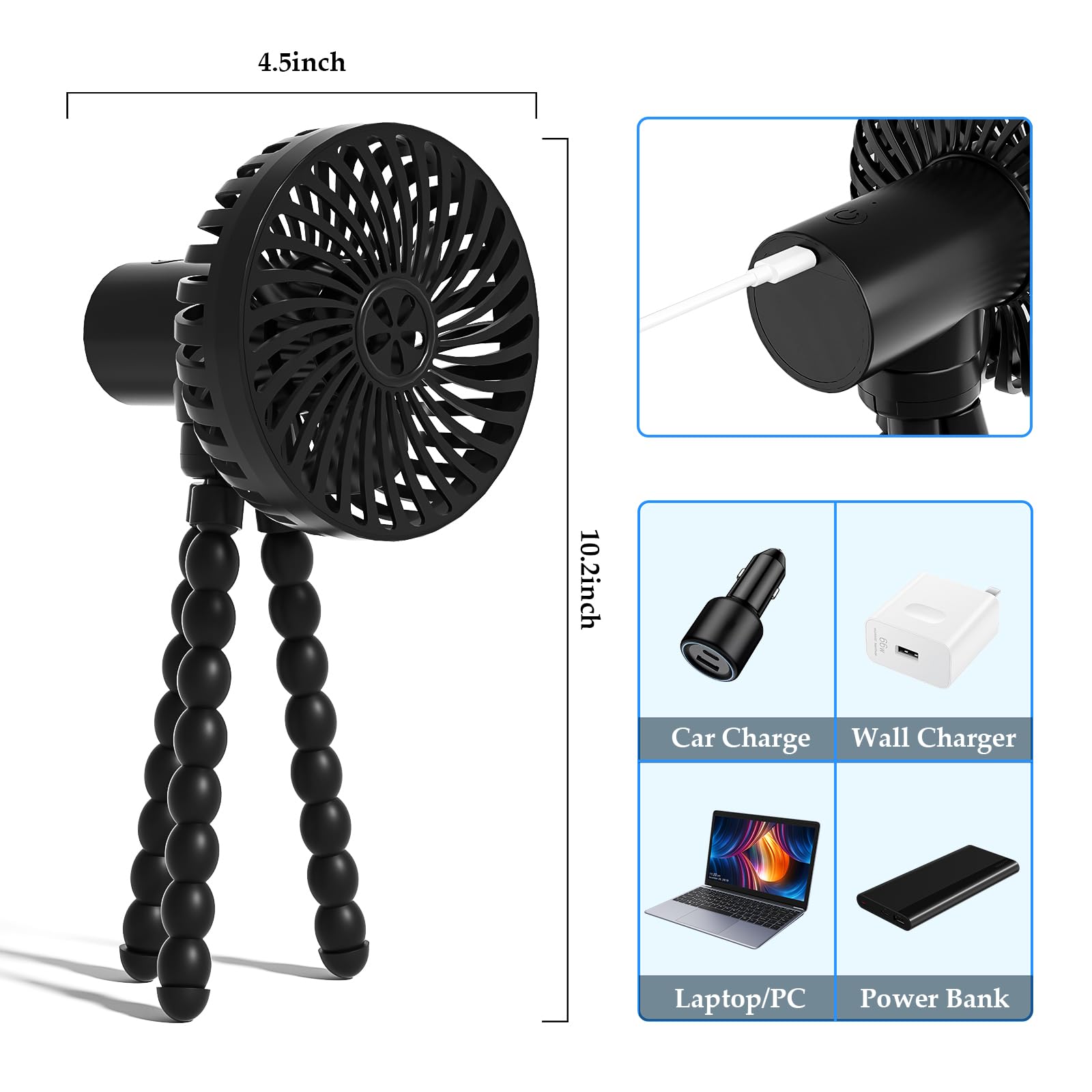 RUN HELIX Portable Stroller Fan with Flexible Tripod - 3-Speed USB Rechargeable Clip-On Fan for Baby, Car Seat, Crib, Bike & Treadmill - Perfect for Outdoor Activities, Travel & Nursery Cooling - Black