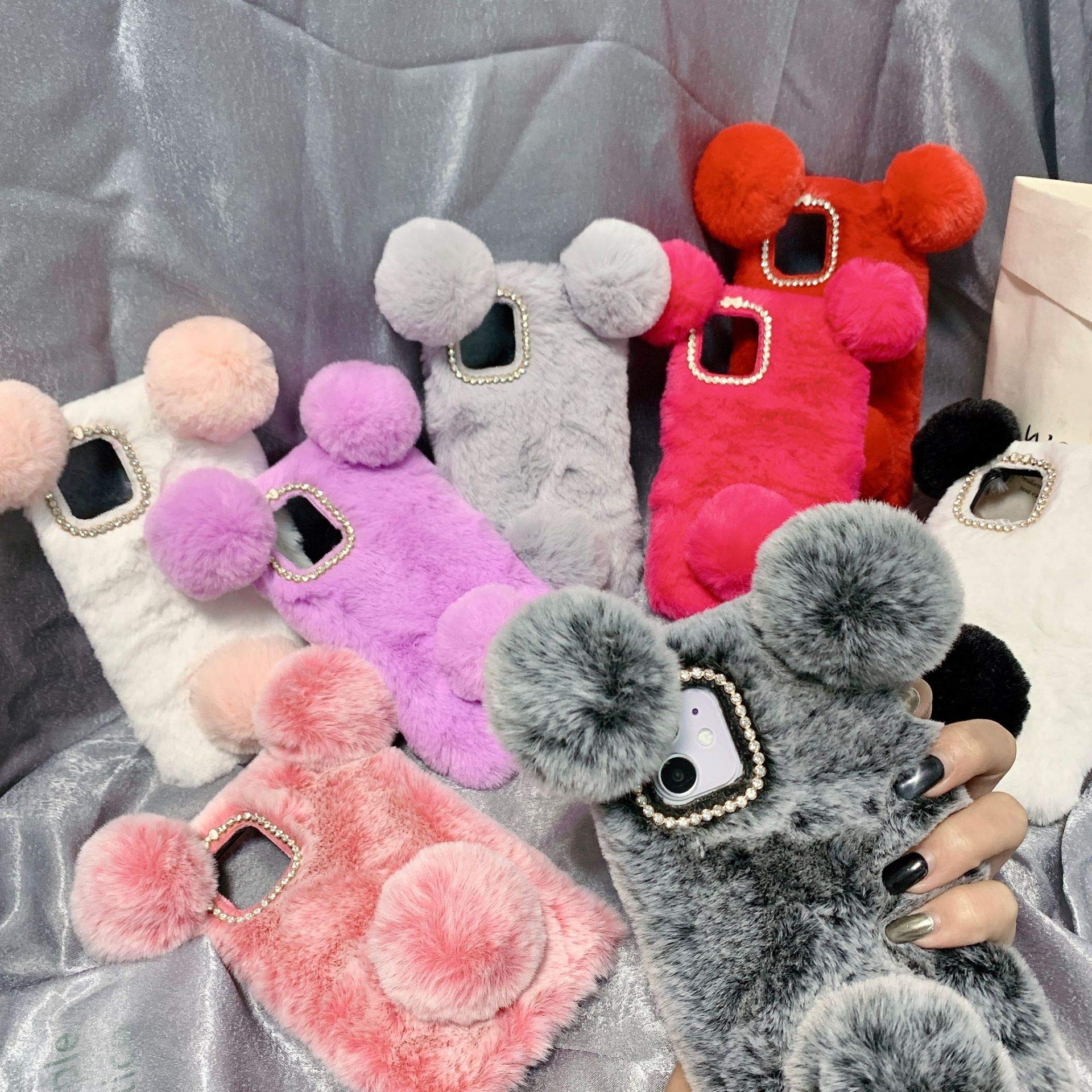 Fluffy Plush Furry Phone Case for iPhone 6S Plus - Winter Warm Soft Protective Cover with Rabbit Fur, Cartoon Bear Ears & Glitter Diamond Bowknot - Cute Cases for Women & Girls (White/Black) - Perfect for Winter Fashion, Daily Use & Gift Giving
