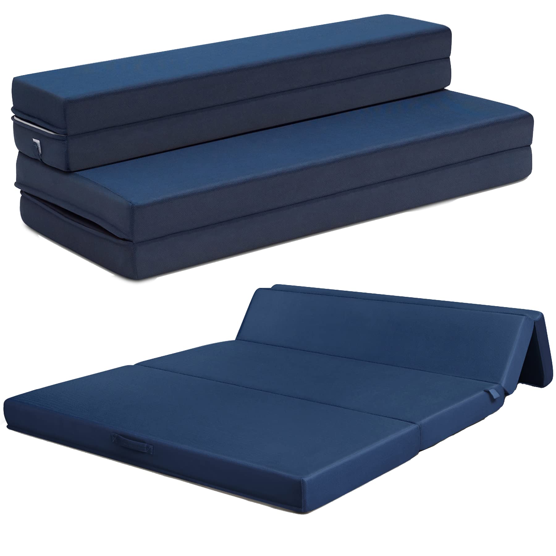 KOMFOTT 4-Inch Tri-Folding Memory Foam Mattress Queen Size - Removable Washable Cover, Foldable Guest Bed for Sofa, Travel & Camping - Navy Blue