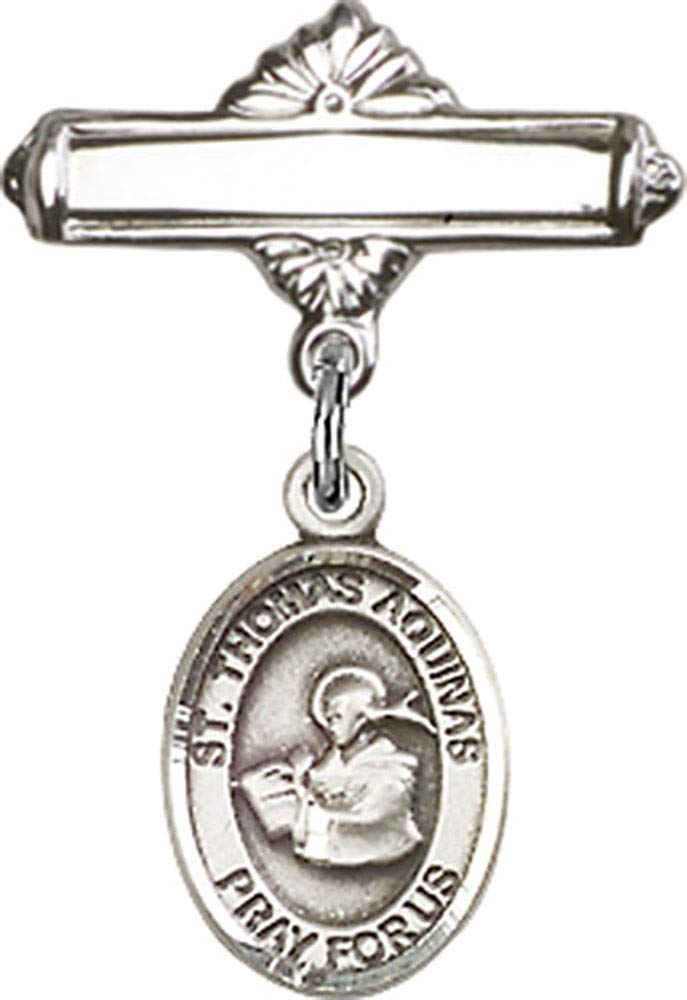 Sterling Silver Baby Badge with St. Thomas Aquinas Charm | Polished Badge Pin for Christening, Baptism & First Communion | Handmade in USA | Perfect Religious Gift for Newborns & Infants