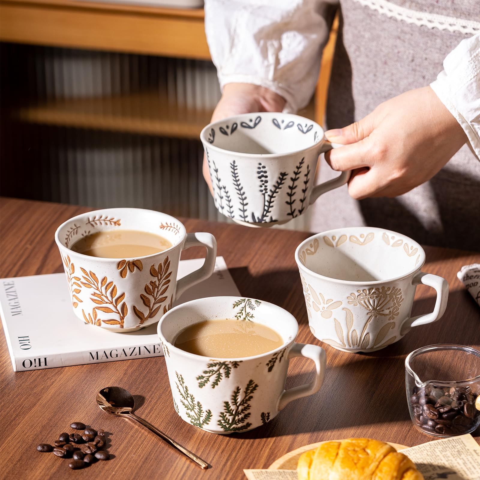 Premium 11 oz Ceramic Coffee Mugs Set of 4 with Luxury Spoons - Stoneware Cups for Coffee, Tea, Latte & Cappuccino - Dishwasher & Microwave Safe - Perfect for Office, Home Use or as Birthday Gifts