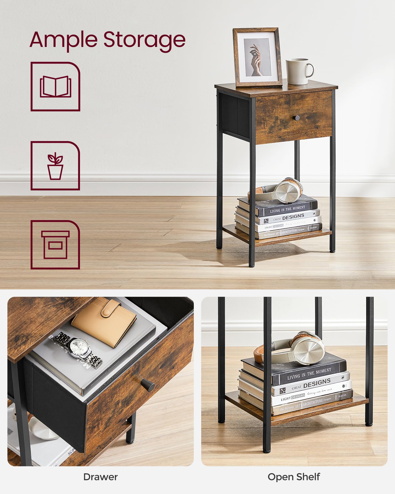 VASAGLE Nightstand Set of 2 - 24 Inch Tall Rustic Brown and Black Side Tables with Fabric Drawer & Storage Shelf for Bedroom - Perfect for Small Spaces, Apartment Living, and Guest Rooms ULGS221B01V1