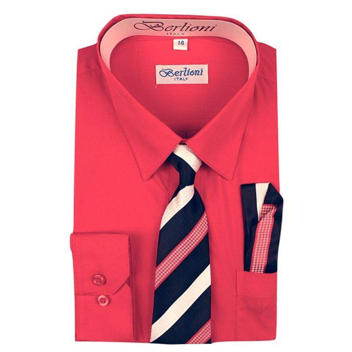 Italy Toddler Boys Long Sleeve Dress Shirt Set with Tie & Pocket Square - Formal Outfit for Weddings, Parties & School Events