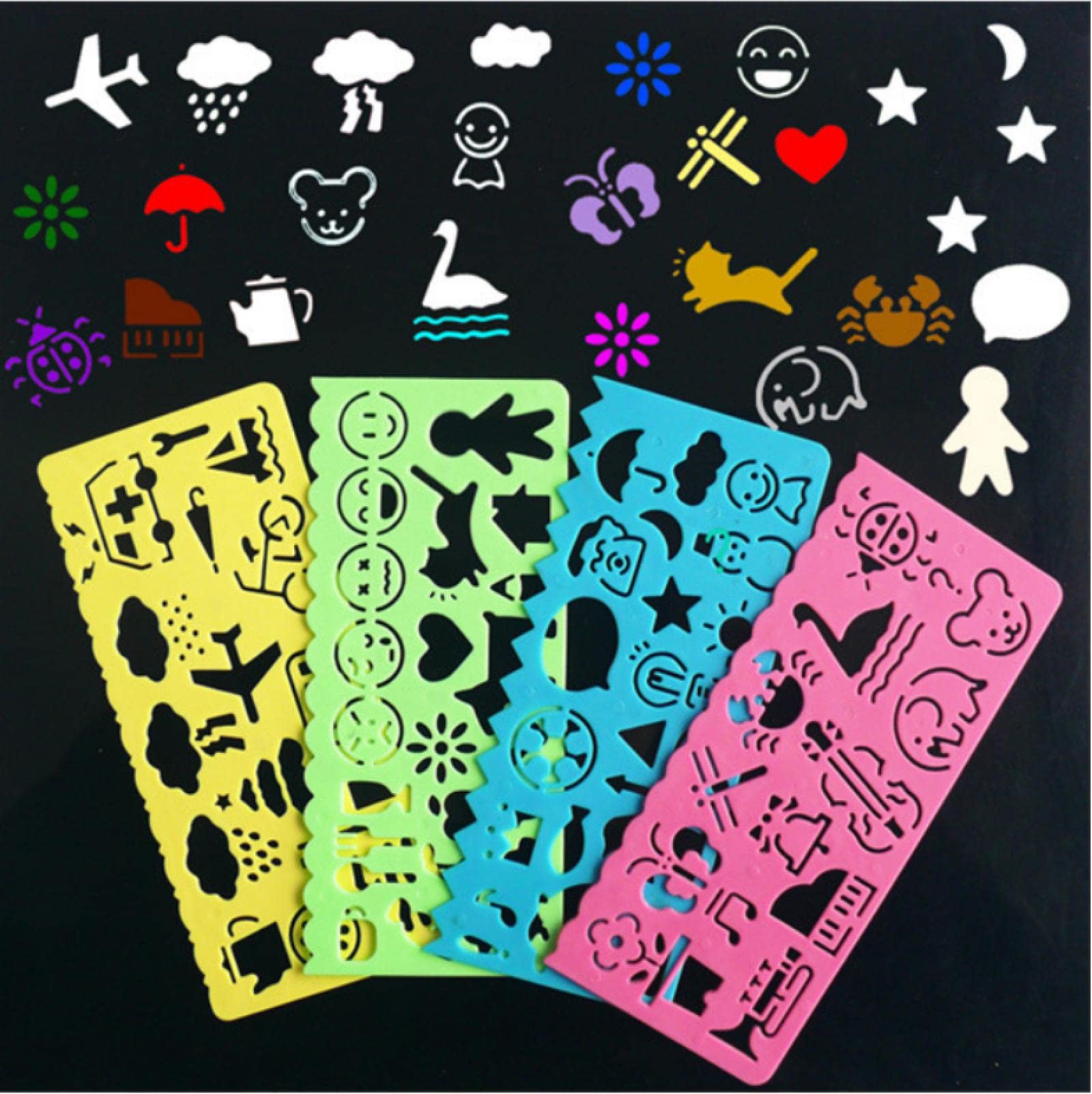 4 Pack Reusable Painting Stencils for Wood & Walls - Cartoon Art Drawing Rulers for Kids, Students & DIY Crafts - Perfect for Classroom, Home Decor & Children's Educational Activities