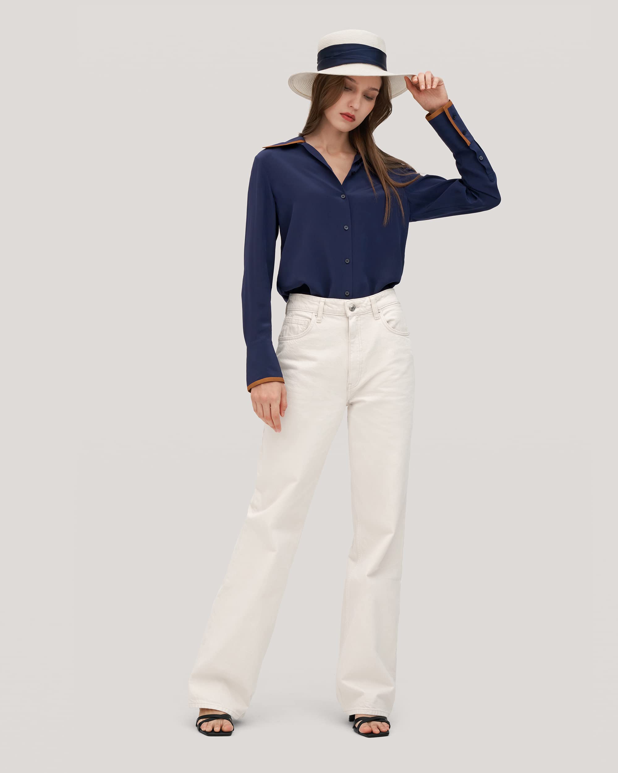 Luxury LilySilk Silk Blouse for Women - Pure Mulberry Silk Shirt with Contrast Piping | Elegant Willow Print Tops for Office, Party & Special Occasions