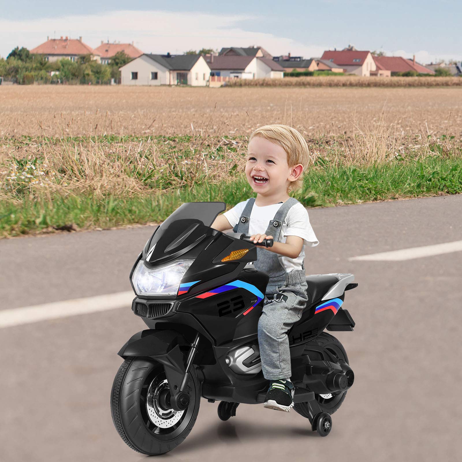 HONEY JOY 12V Kids Electric Motorcycle with Training Wheels & LED Lights - Battery Powered Ride On Toy for Boys Girls Ages 3+ - Spring Suspension, Foot Pedal - Perfect Birthday Gift & Outdoor Play (Black)