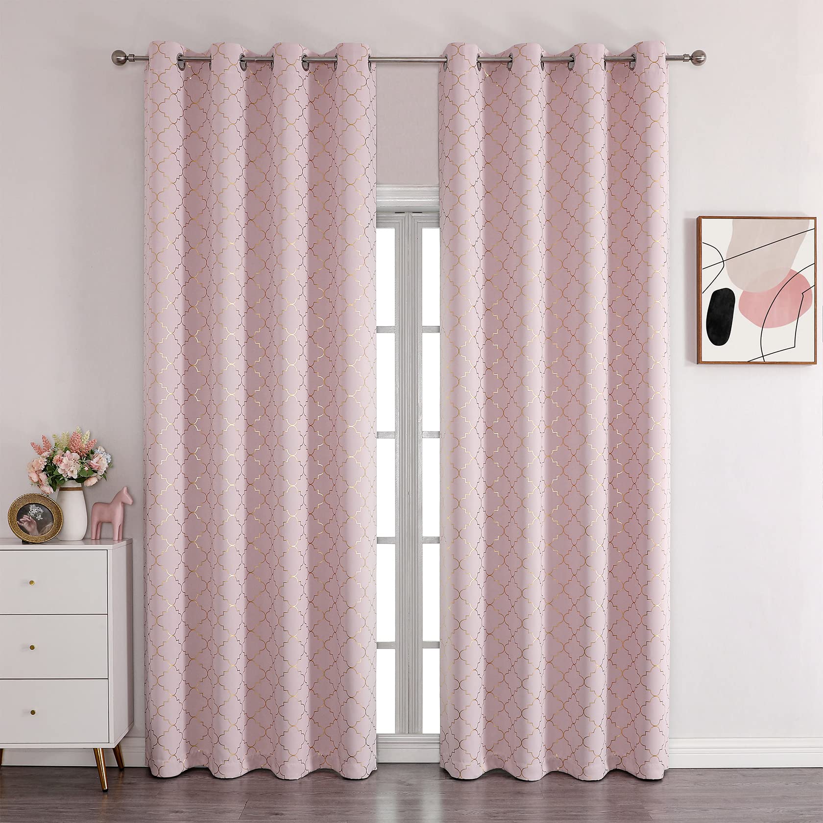 Enactex 100% Blackout Thermal Insulated Curtains - 95 Inch Long Pink Drapes with Gold Geometric Pattern, Room Darkening Grommet Window Panels for Girls Bedroom & Living Room | Perfect for Light Blocking, Privacy & Energy Efficiency