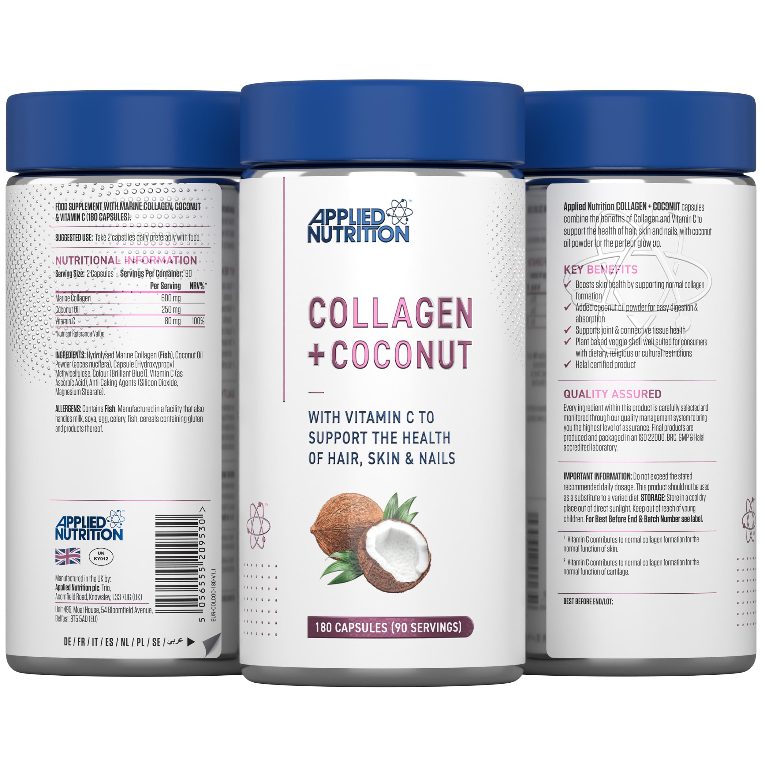 Applied Nutrition Collagen + Coconut Supplement - 180 Capsules | Supports Skin, Hair & Joint Health | Perfect for Daily Beauty & Wellness Routine