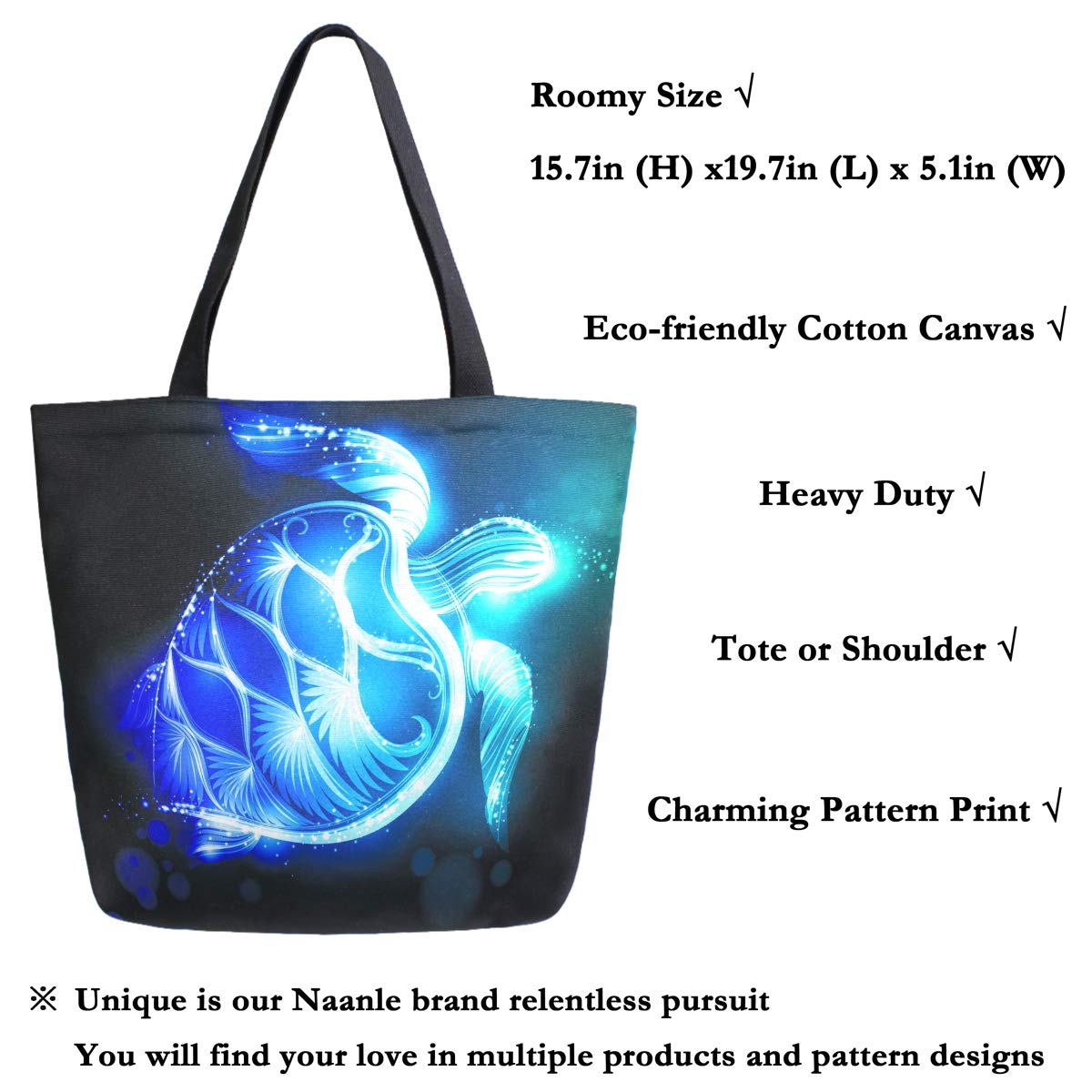 Large Women's Casual Shoulder Handbag - Naanle Ocean Turtle Canvas Tote | Reusable Multipurpose Heavy Duty Shopping Grocery Cotton Bag for Outdoors, Beach, Travel & Daily Use