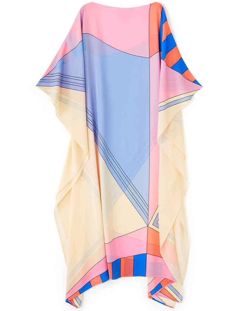Luxury Soft Silk Crepe Kaftan Dress for Women - Elegant Beige & Violet Flowy Maxi Cover Up - Perfect for Beach, Vacation, and Summer Evenings