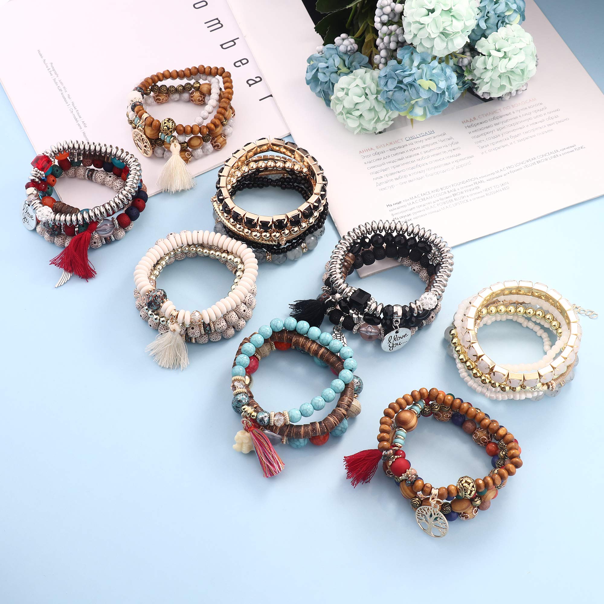 LOYALLOOK 8 Sets Bohemian Stackable Bead Bracelets for Women - Stretch Multilayered Boho Bracelet Set with Colorful Beads, Tassels & Charms | Handmade Jewelry for Festival, Beach, Party & Everyday Wear