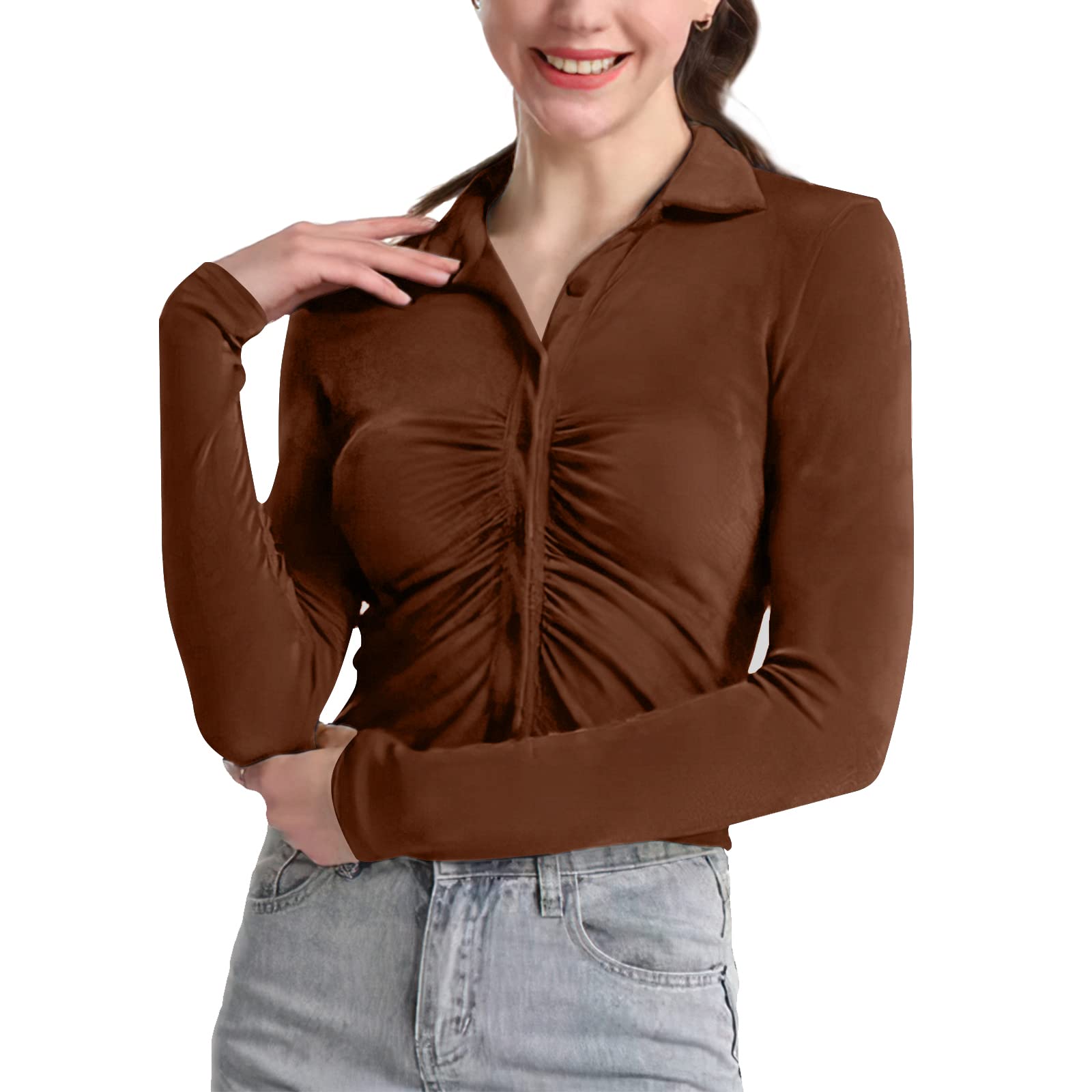 Xaspee Women's Ruched Button Down Collar Long Sleeve Slim Fit Crop Top Tee Shirt Blouse - Casual Office Wear & Layering Cardigan for Fall Fashion
