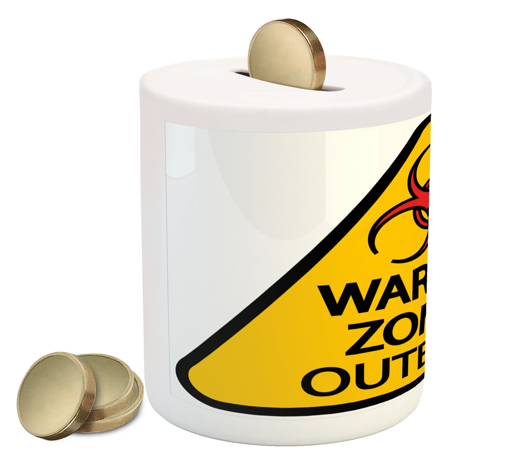 Ambesonne Zombie Piggy Bank - Halloween Ceramic Coin Bank with Warning Sign & Cemetery Infection Graphic for Cash Saving (Earth Yellow, Red, Black) - Perfect for Halloween Decor, Horror Themed Parties & Unique Gift Ideas