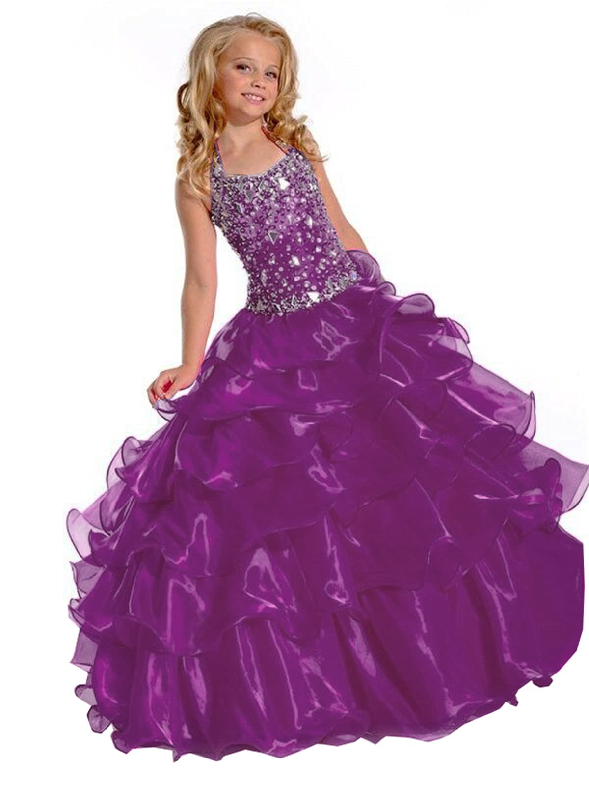**Junguan Girls Halter Beaded Rhinestones Pageant Dress – Classic Birthday Wedding Party Long Gown JD001 – Perfect for Pageants, Quinceañeras & Special Occasions**