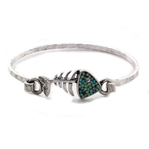 Turquoise Fish Bone Bangle Bracelet - Handmade Boho Jewelry for Women, Trendy Statement Piece for Festival, Beach & Everyday Wear