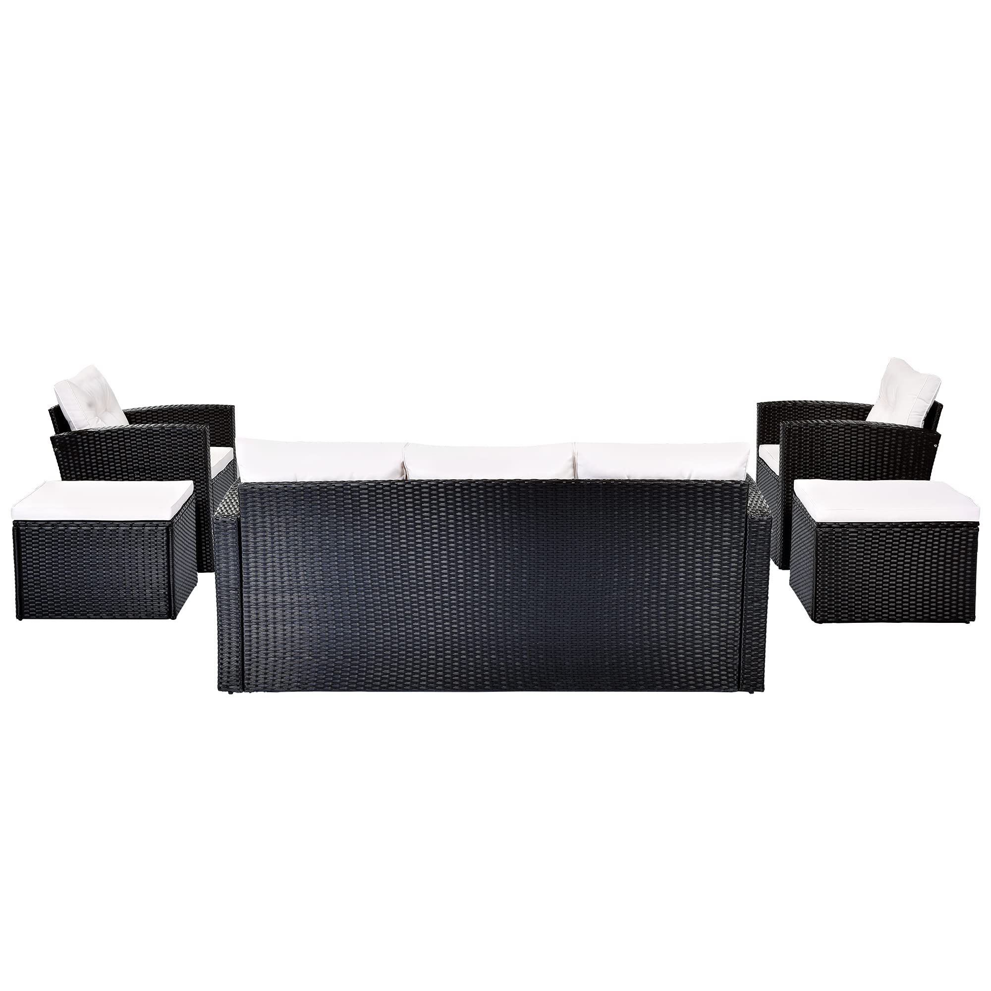 6-Piece Outdoor Patio Furniture Set - Rattan Wicker Sectional Sofa with Glass Coffee Table, Ottomans, Armchairs & Washable Cushions (Black + Beige) - Perfect for Backyard, Garden, Poolside & Patio Relaxation