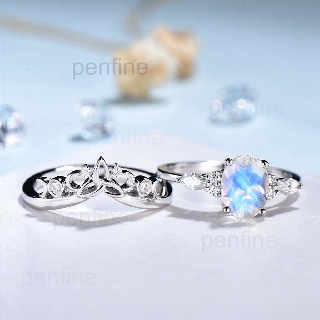 Viking Wedding Ring Set with Rainbow Moonstone - Norse Inspired Blue Oval Gemstone Engagement & Wedding Band for Women - Perfect for Handfasting Ceremonies, Pagan Weddings & Norse Themed Events