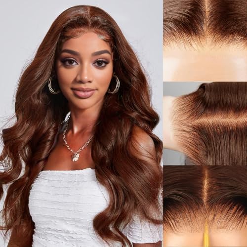7x5 Glueless Human Hair Wigs - 24 Inch Pre Plucked Body Wave Lace Front Wig | 220% Density Chocolate Brown | No Glue Needed | Instant Wear | Perfect for Daily Use, Parties & Special Occasions