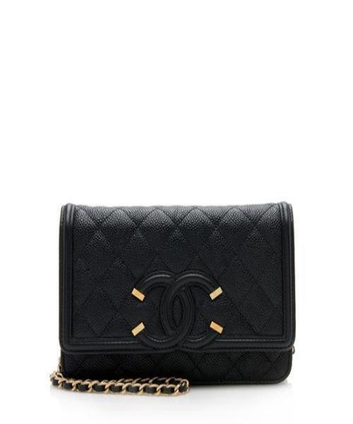 Chanel Wallet On Chain WOC CC Filigree Black Grained Calfskin Crossbody Bag - Luxury Designer Handbag for Women, Perfect for Evening Events & Daily Use