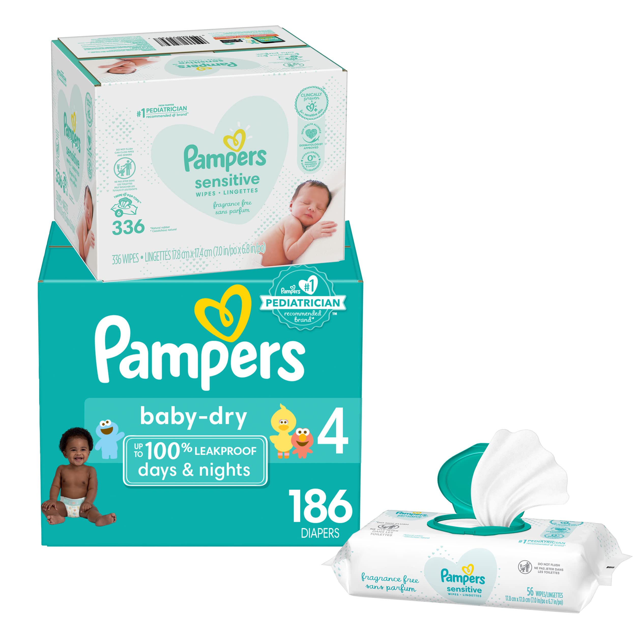 Pampers Baby Dry Disposable Diapers Size 4 - 186 Count with Sensitive Baby Wipes 336 Count | Hypoallergenic, Leak Protection | Perfect for Overnight Use, Daycare & Travel Essentials (Packaging May Vary)