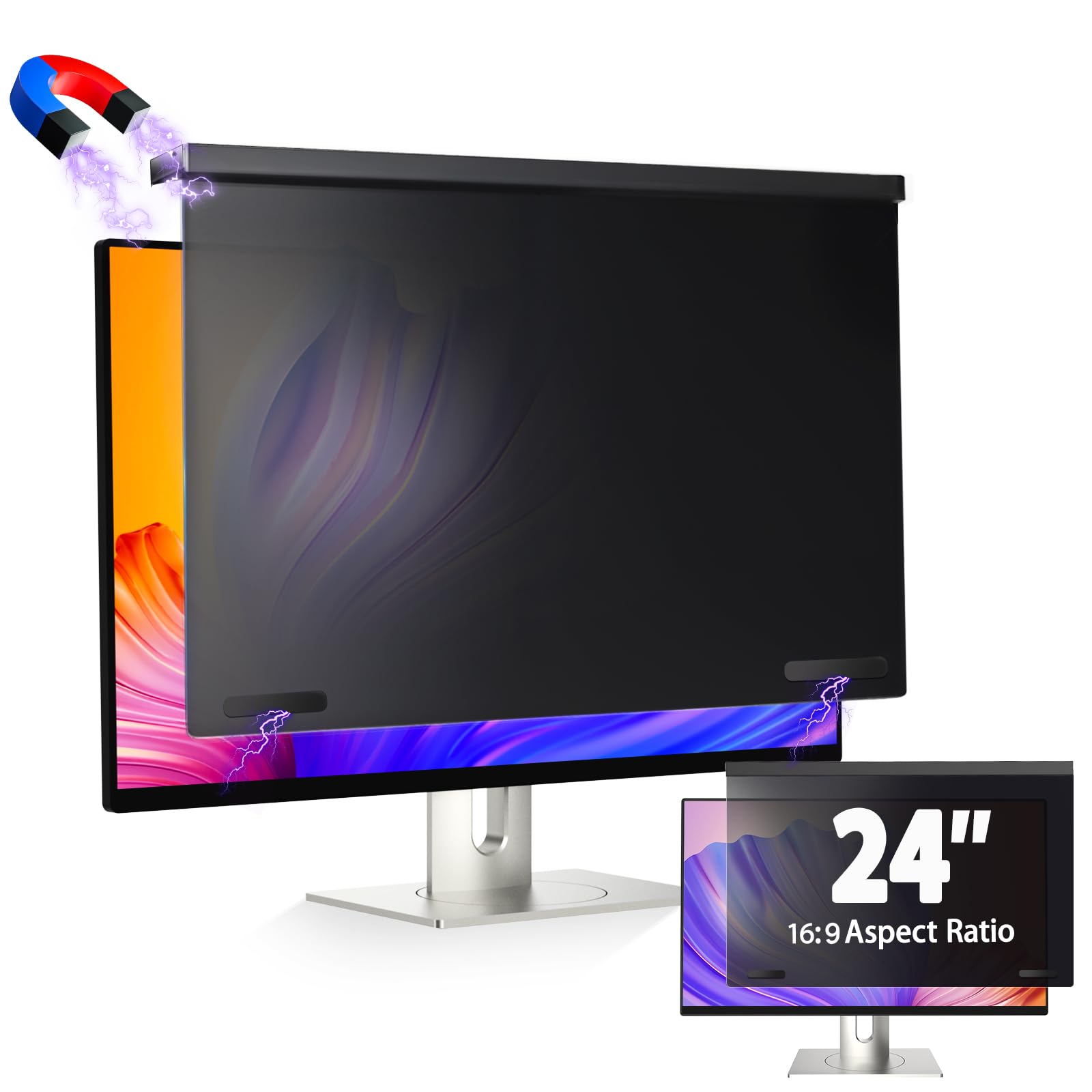 5A Magnetic Computer Privacy Screen Filter 24 inch - Anti Blue Light & Anti-Glare Removable Hanging Panel for 16:9 Widescreen Monitors - Perfect for Office, Home & Gaming Use