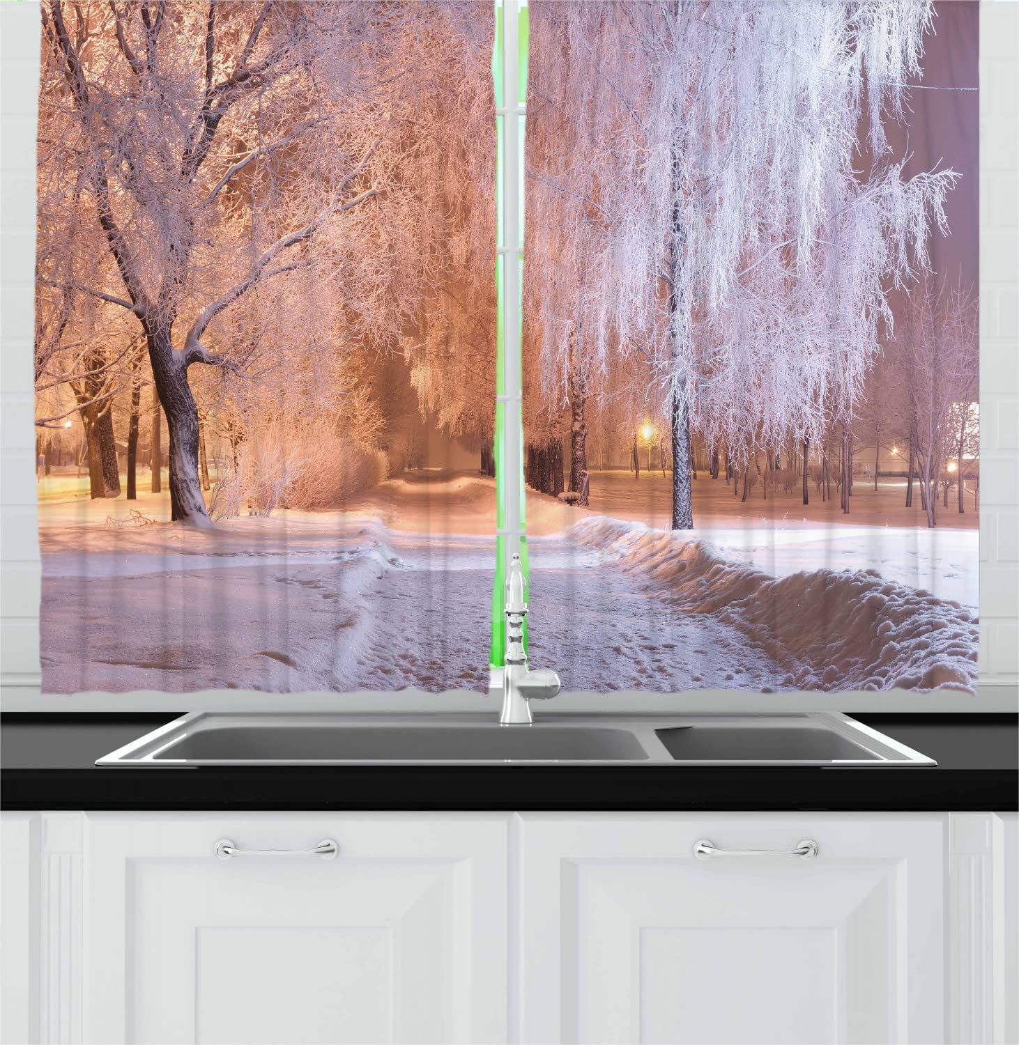 Ambesonne Winter Long Kitchen Curtains - Frozen Trees & Snowy Road Landscape Photography Print, 2 Panel Drapes with Rod Pocket, 55x45 Inches, Salmon White - Cozy Winter Home Decor for Kitchen, Living Room & Cabin