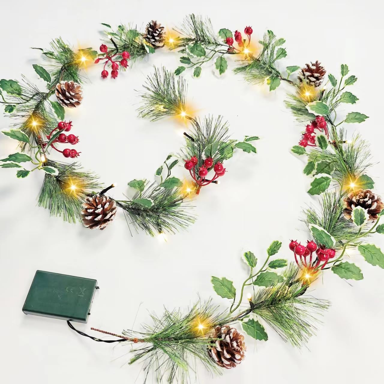 6FT Smokey Pine Prelit Christmas Garland with Timer - Battery Operated LED Holly Garland for Stairs, Railing, Mantle & Fireplace Decor - Perfect for Holiday Parties, Home & Office Christmas Decorations