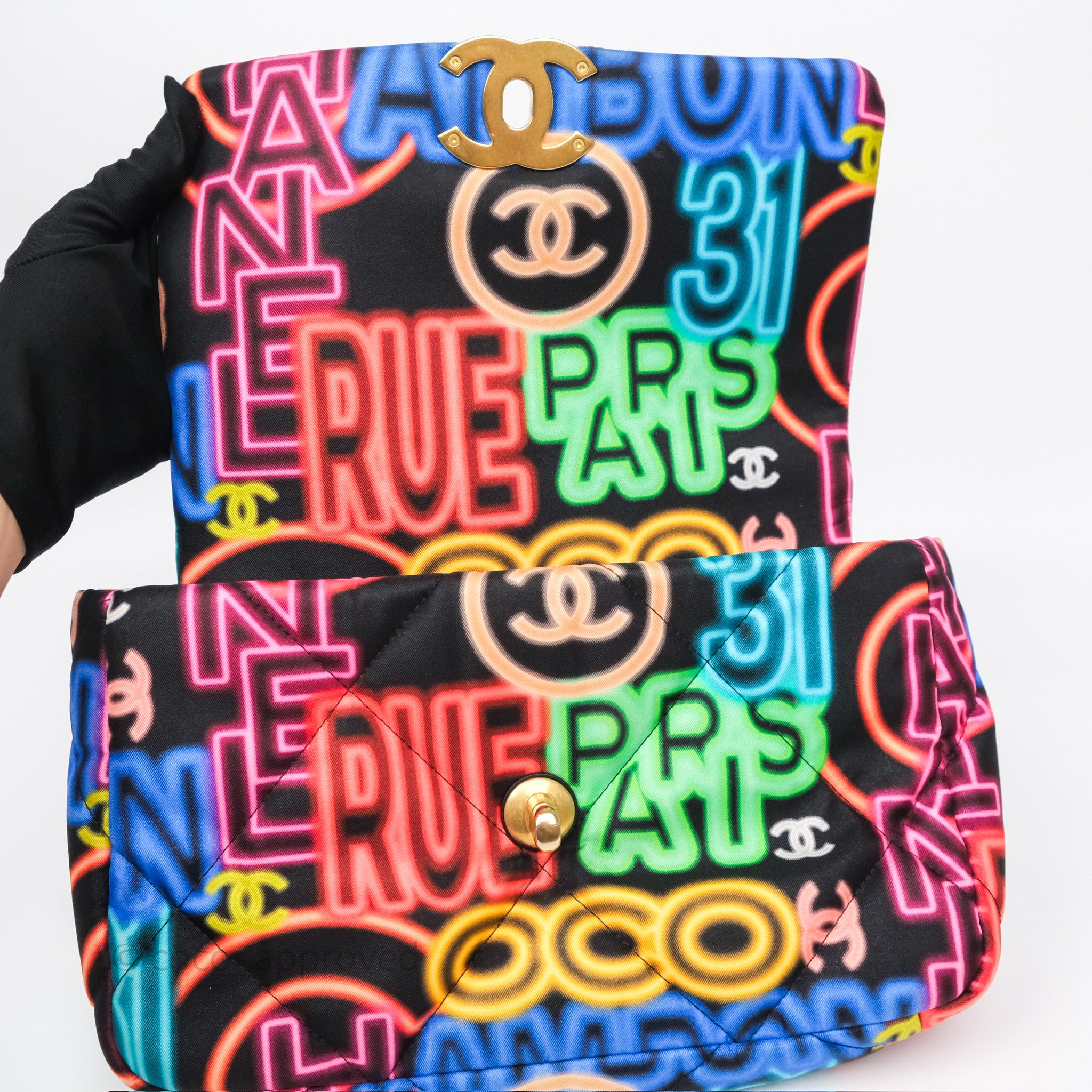 Chanel 19 Small Handbag Black Multicolor Fabric Printed Mixed Hardware - Luxury Designer Crossbody Bag for Women, Perfect for Date Night & Evening Events