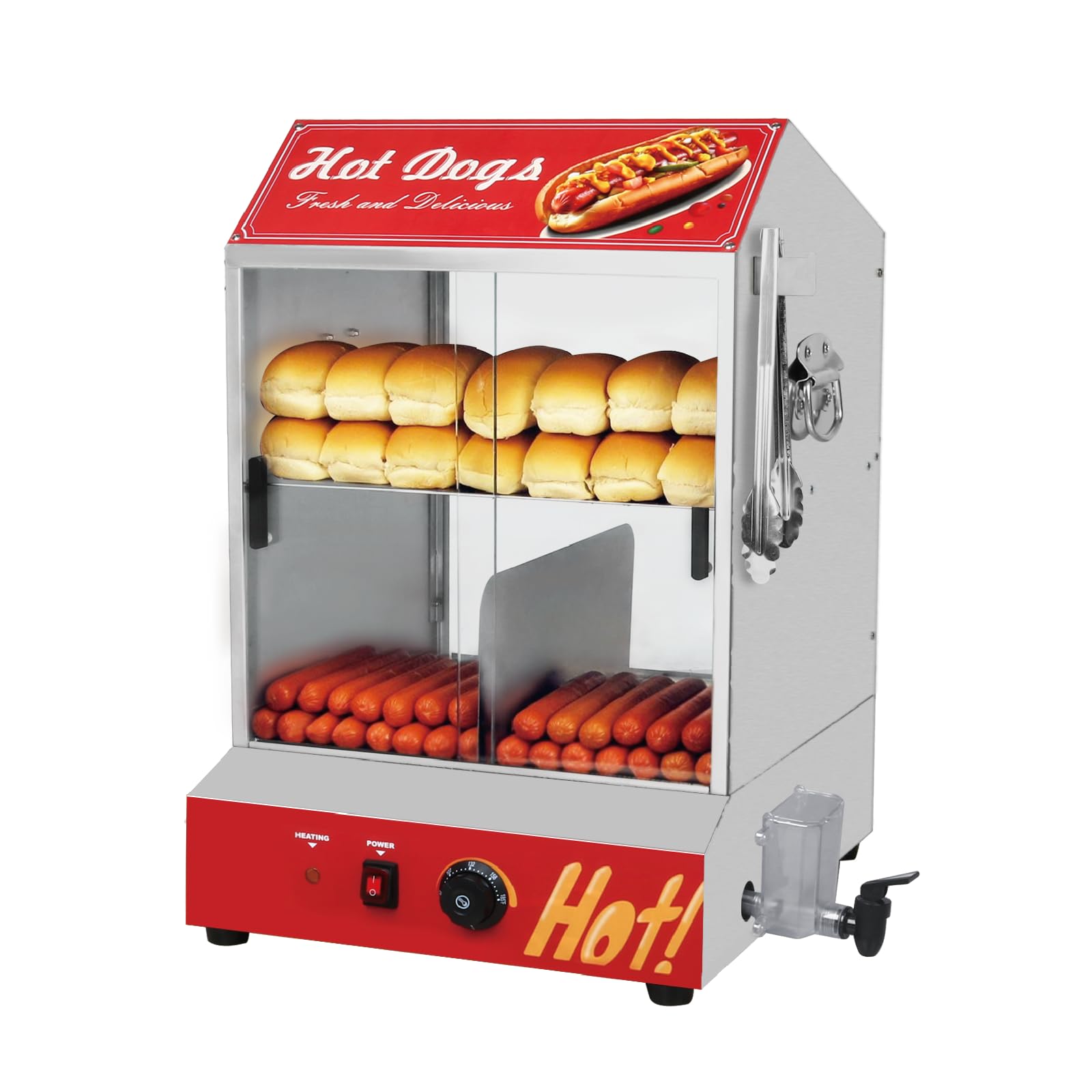 Commercial Electric Hot Dog Steamer Machine - 31.7QT/30L Capacity, 2-Tier Bun Warmer with Adjustable Temperature Control, Glass Sliding Door - Holds 175 Hot Dogs & 40 Buns - Perfect for Hot Dog Stands, Food Trucks, Restaurants & Catering Events