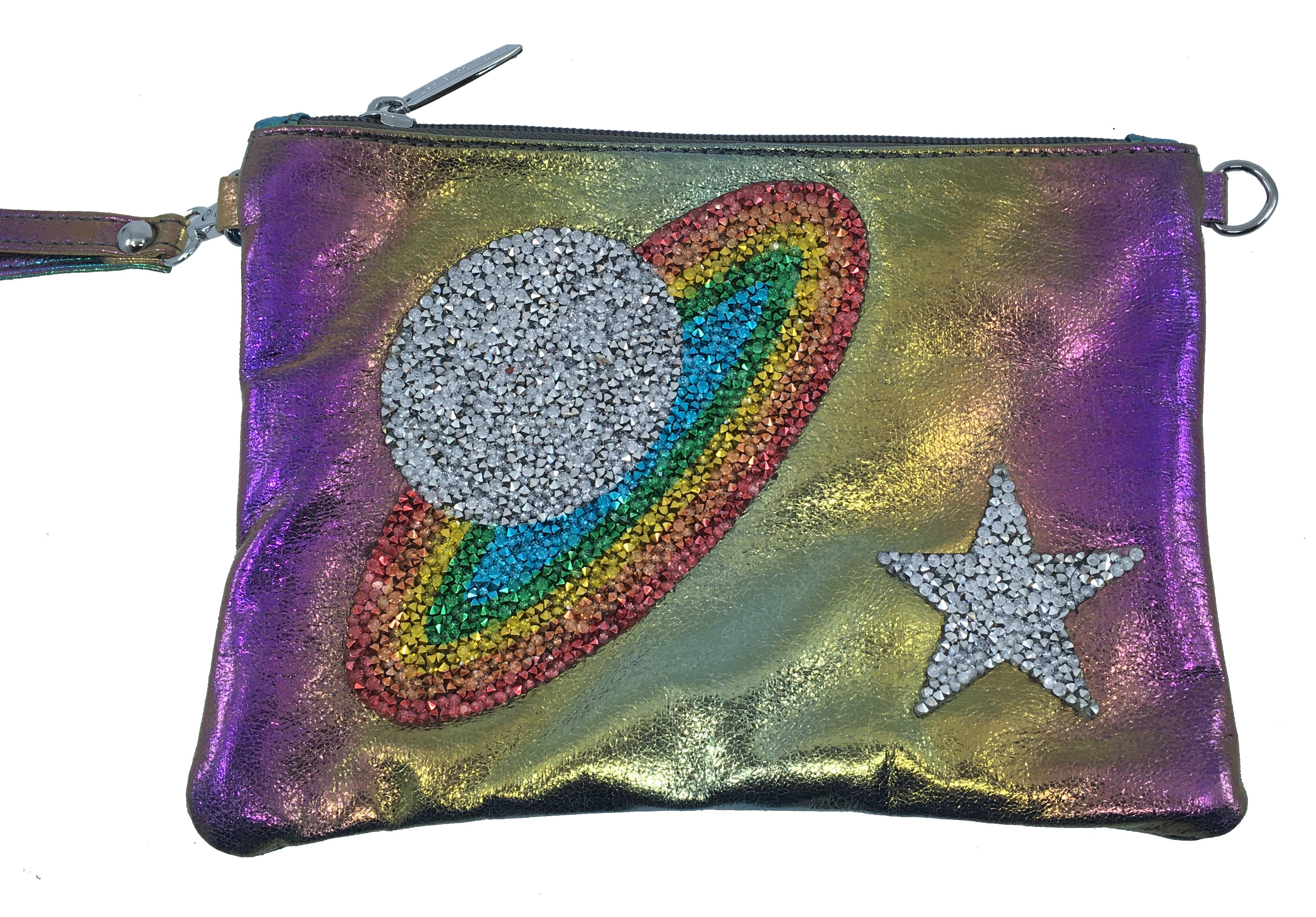 Bari Lynn Girls Galaxy Iridescent Purple Wristlet Clutch with Chain Strap - Stylish Evening Bag for Parties, Prom, and Special Occasions