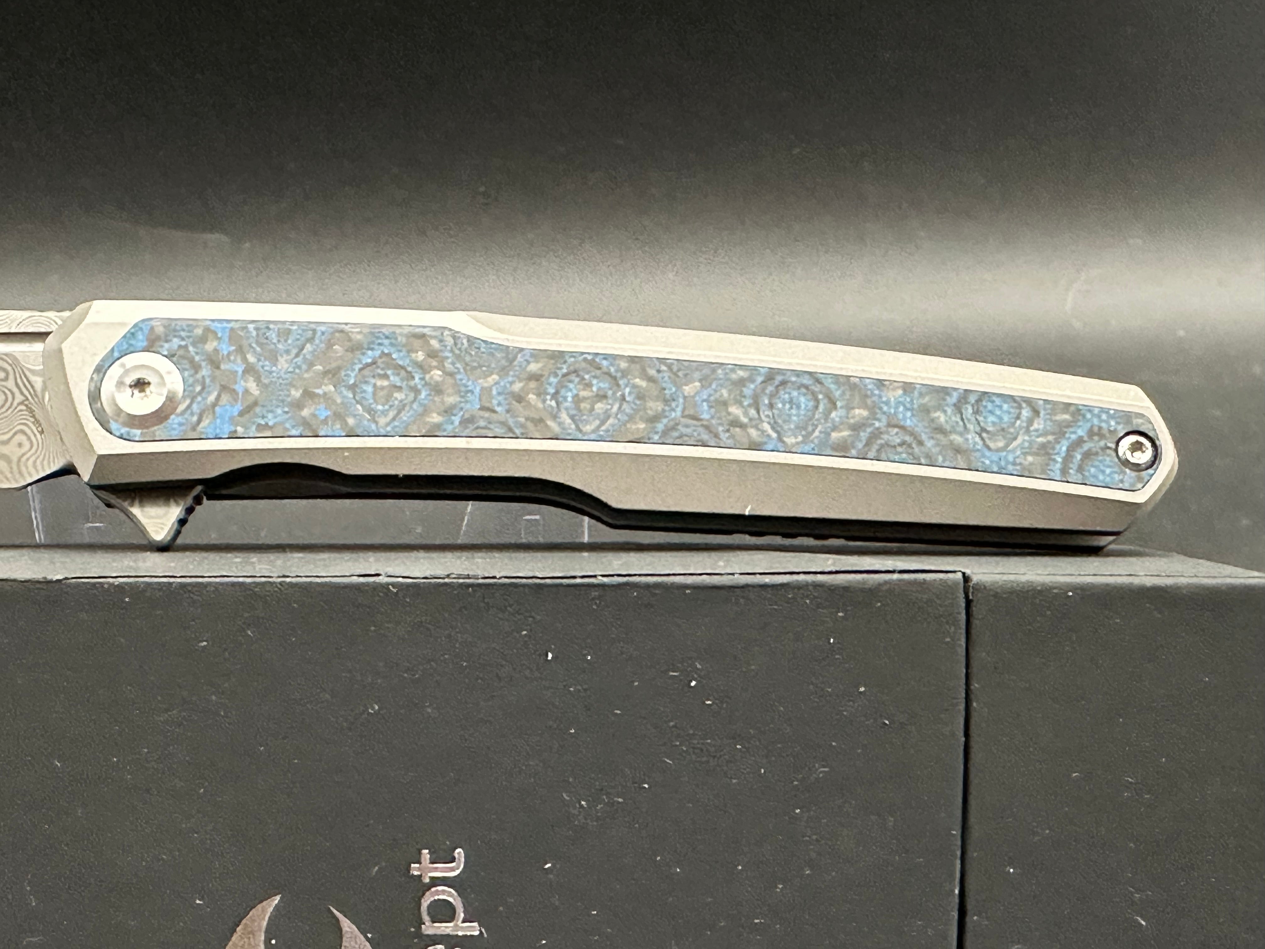 KANSEPT ARCUS Titanium Folding Knife with Blue Rose Carbon Fiber Handle & Damascus Blade - EDC, Camping, Hunting, Outdoor Survival Gear