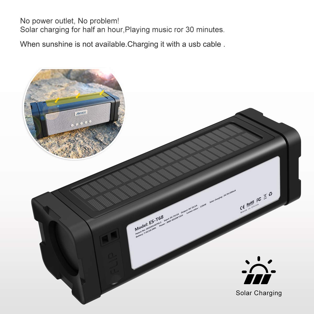 **20W Solar Bluetooth Speaker with 27 LED Lights - IPX7 Waterproof, 5000mAh Battery, Built-in Mic & TF Card Support - Portable Outdoor Shower, Camping, Beach, Pool & Home Use (Black)**