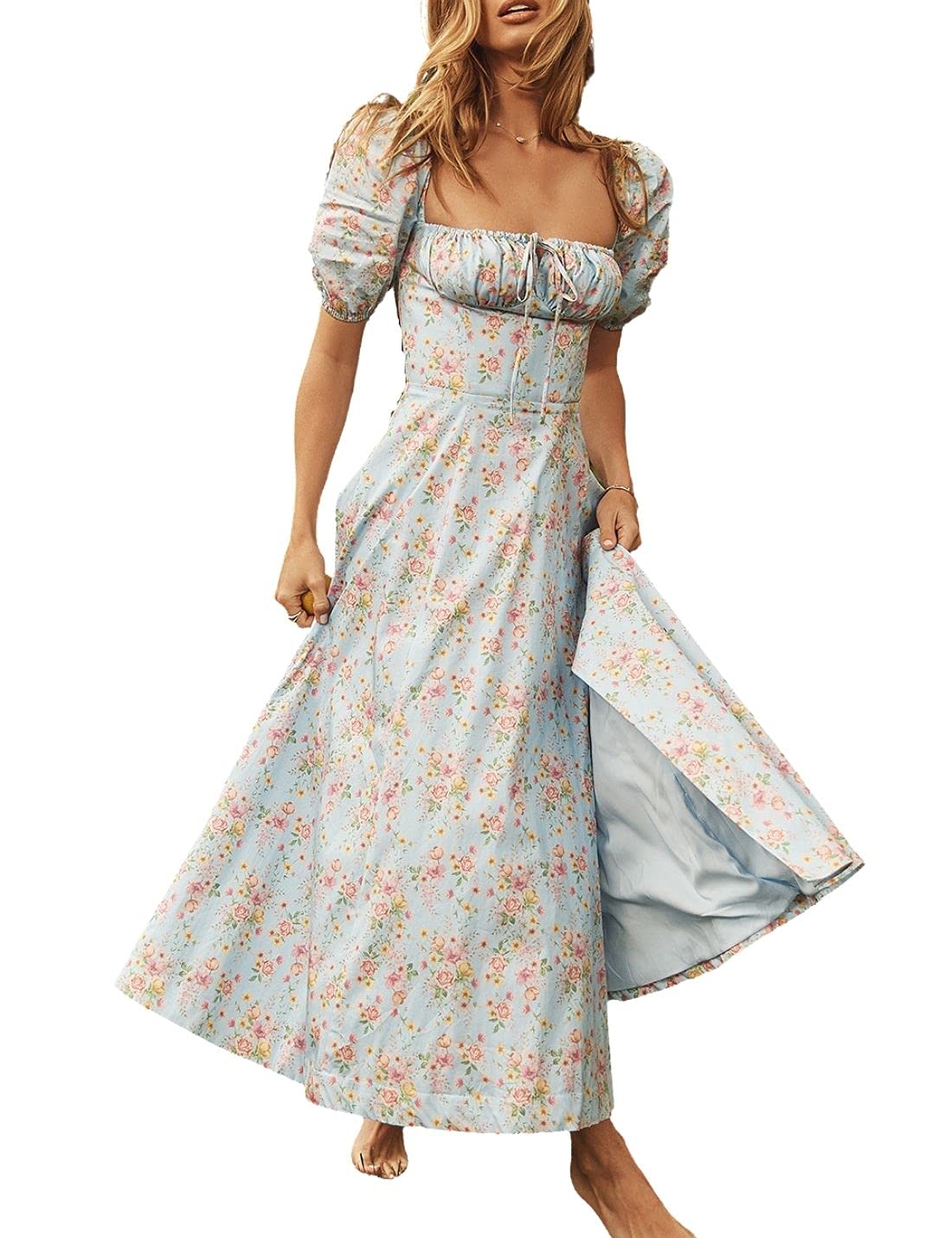 InterNos Women's Off Shoulder Puff Sleeve Lace Floral Ruffle Maxi Dress - Elegant Beach Wedding Party Cocktail Dress for Summer Vacations & Date Nights