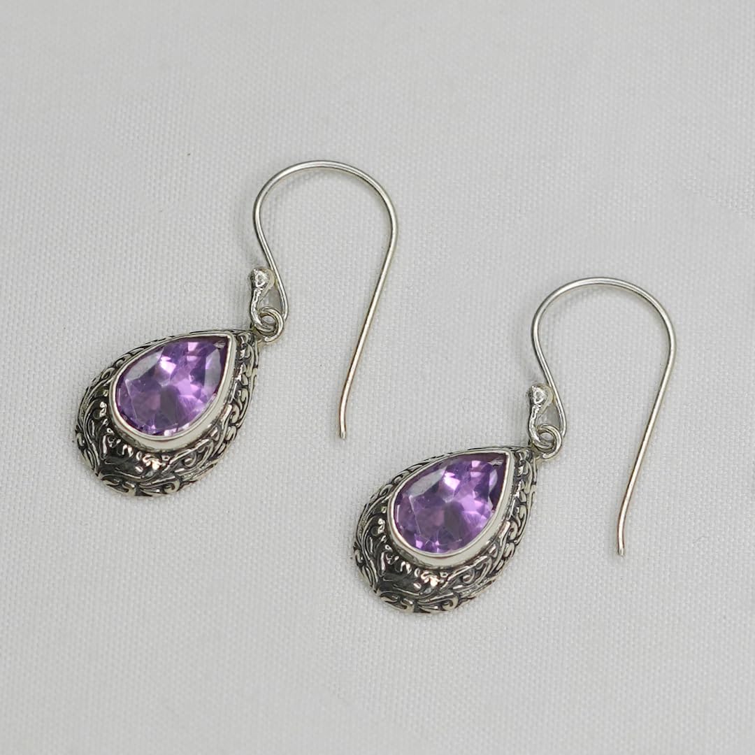 Handmade 925 Sterling Silver Purple Amethyst Gemstone Filigree Drop Dangle Earrings for Women | Unique Tribal Fashion Jewelry | Perfect for Boho Chic, Wedding & Special Occasions