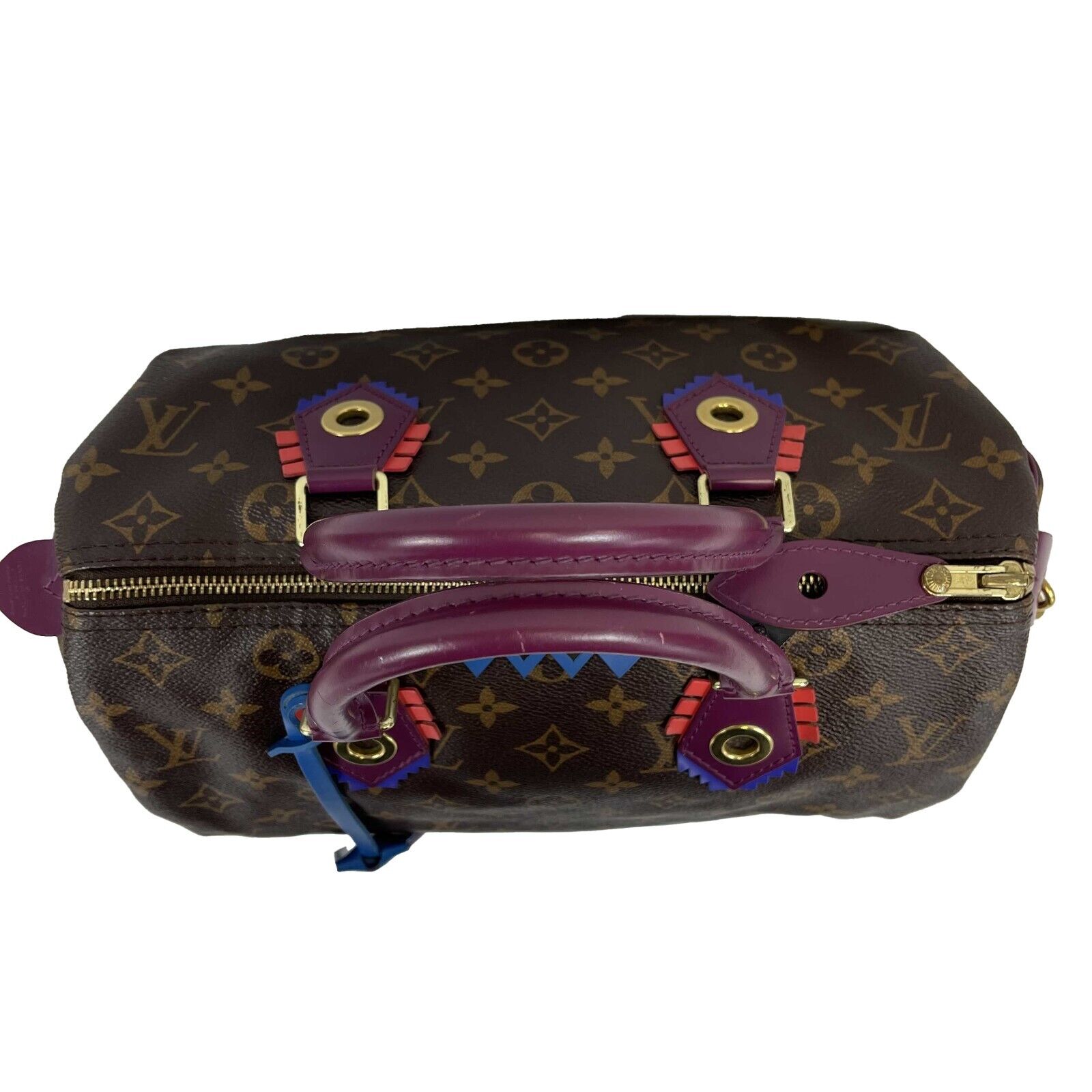 Authentic Louis Vuitton LV Speedy Totem 30 Handbag - Brown Monogram with Violet Top Handle | Luxury Shoulder Bag for Women, Perfect for Work, Travel & Everyday Use
