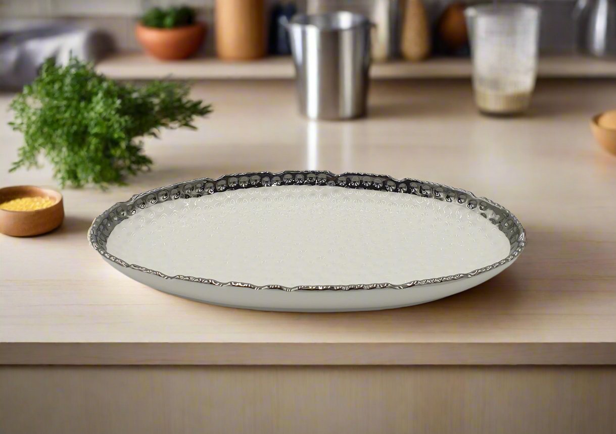 12x7 Inch Silver Rim Oval Plates - Bulk Pack of 36 - Elegant Dinnerware for Restaurants, Catering & Special Events