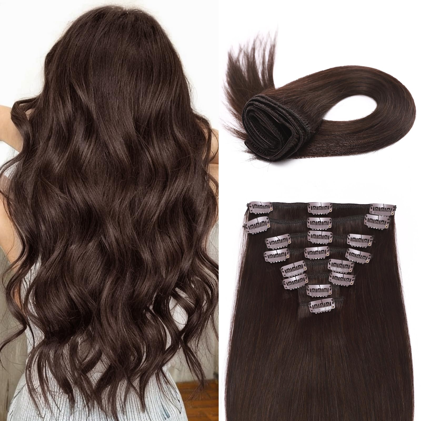 MY-LADY Clip In Hair Extensions 24 Inch - 8pcs 120g Real Human Remy Hair - #2 Dark Brown - Long Full Head Soft Natural Hair Extensions for Women - Perfect for Daily Wear, Parties & Special Occasions