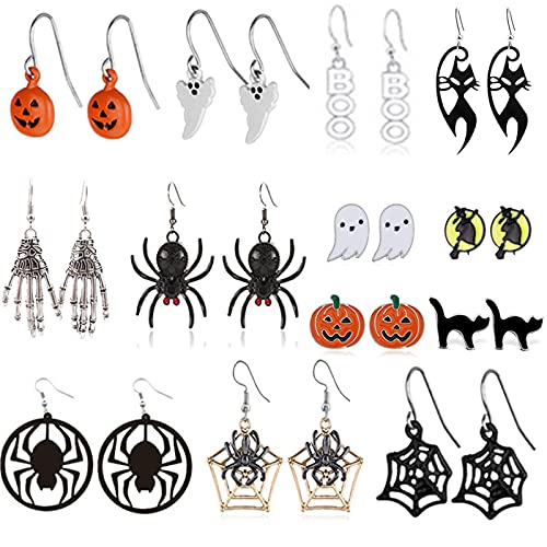 13 Pairs Halloween Dangle Earrings for Women - Pumpkin, Bat, Black Cat & Spider Web Stud Earrings Set | Cute Halloween Jewelry Gift for Girls & Teens | Perfect for Costume Parties, Trick or Treat & Halloween Festivals