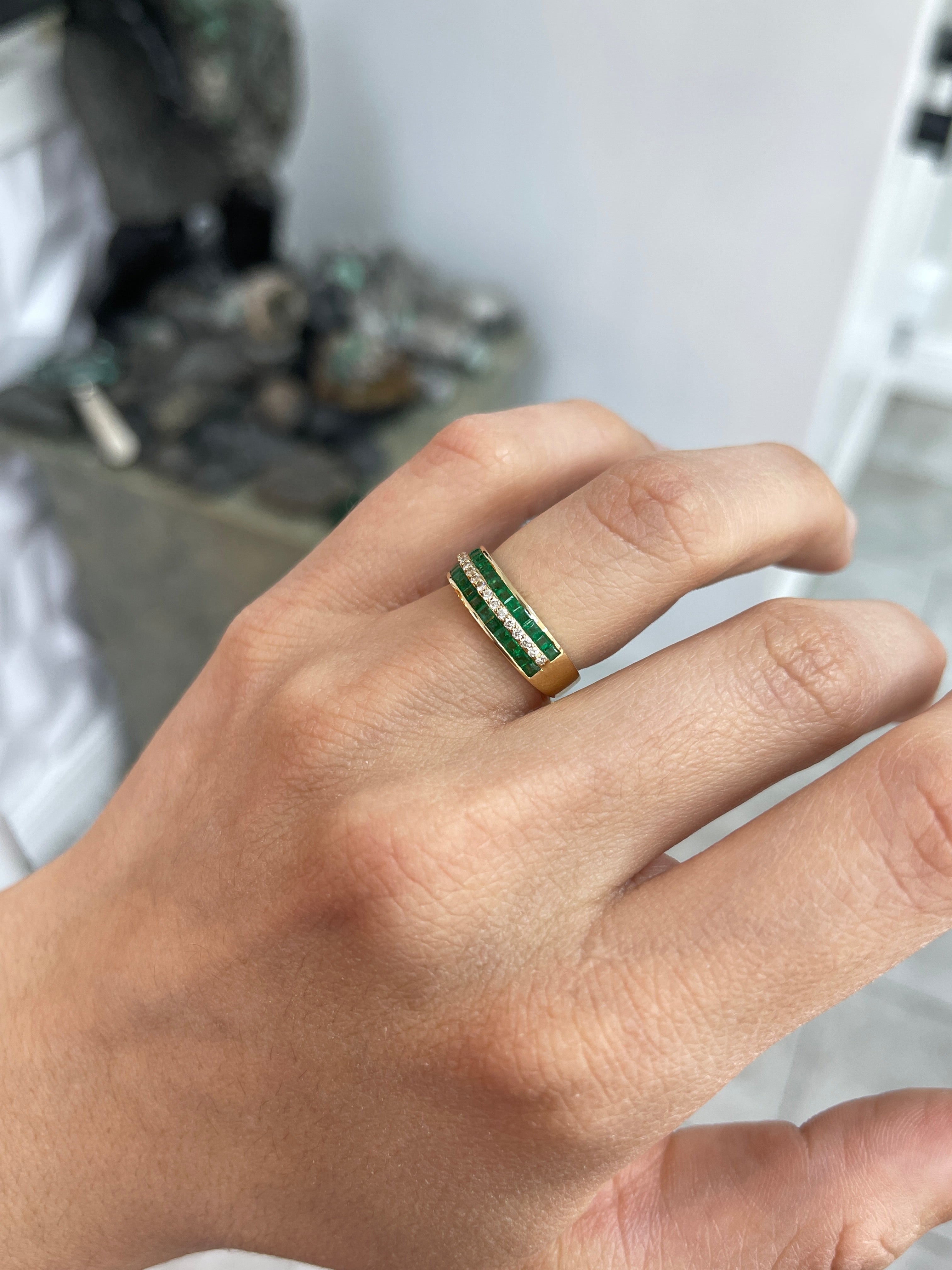 14K Gold Three Row Square Emerald & Diamond Wedding Band - 6mm Wide Elegant Stackable Ring for Bridal, Anniversary & Special Occasions