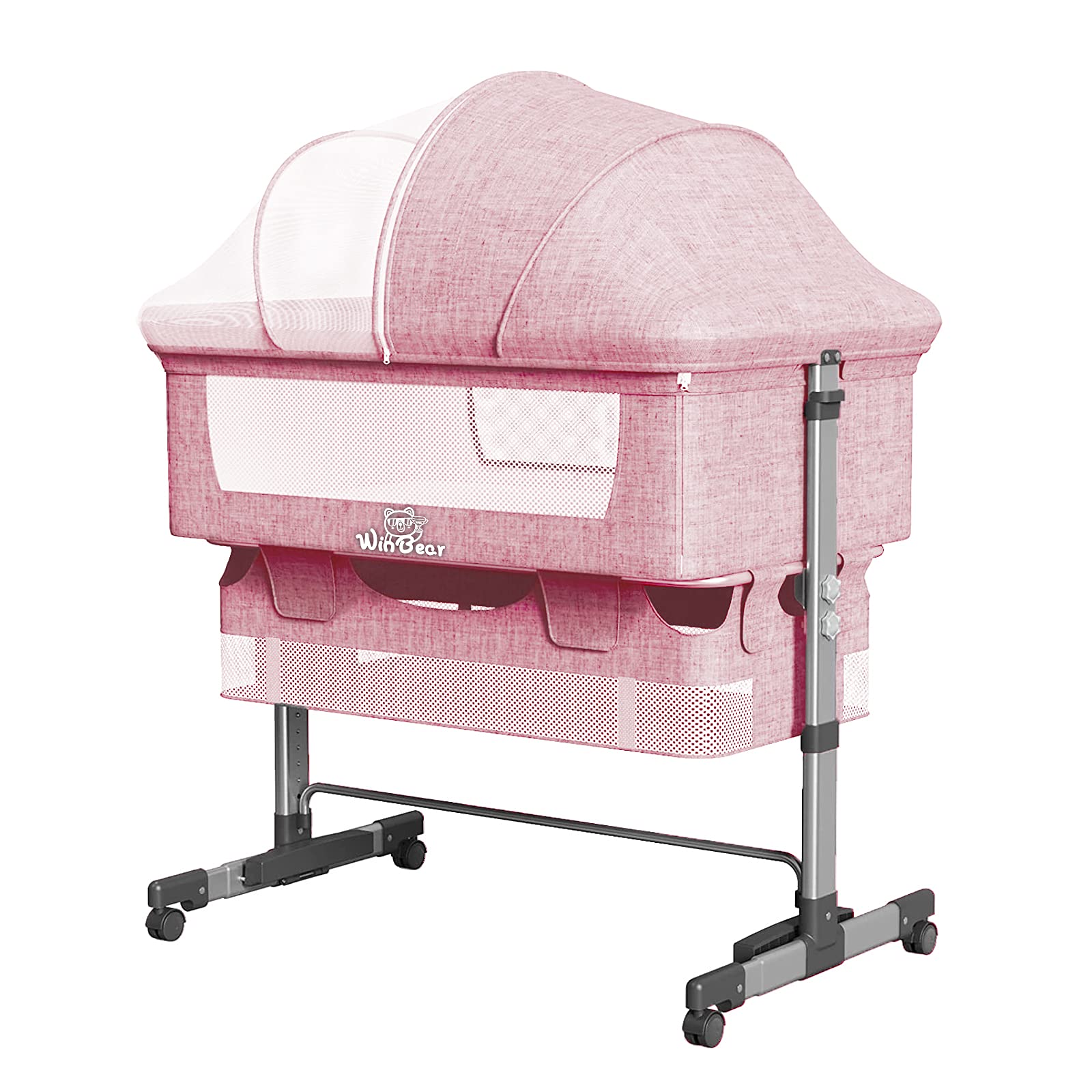 **Portable Foldable Baby Bassinet & Bedside Sleeper with Mosquito Net – Adjustable Infant Bed for Newborns, Includes Storage Bag, Comfortable Mattress & Lockable Wheels (Pink) – Perfect for Nursery, Travel & Co-Sleeping**