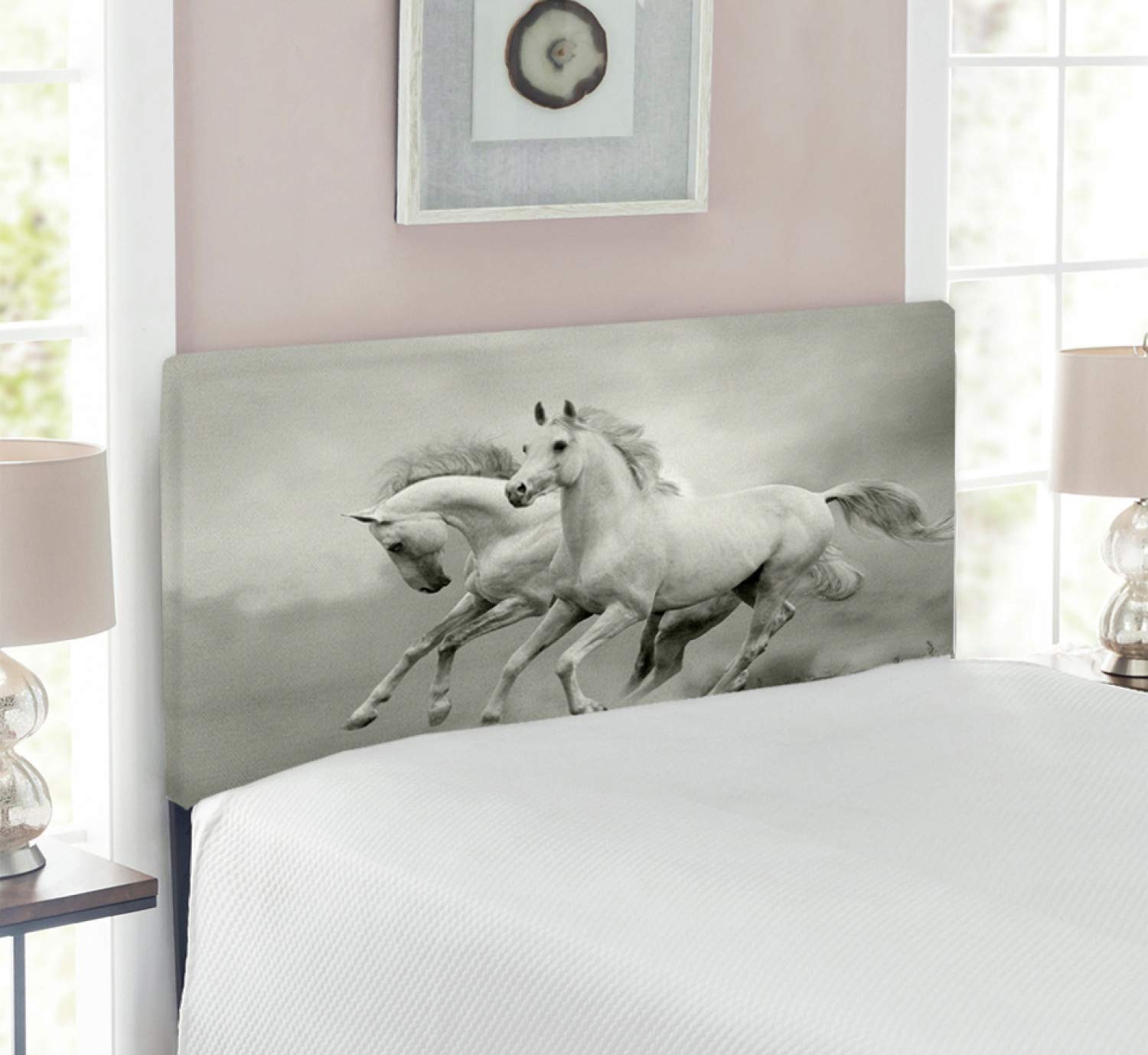 Ambesonne Running Horses Headboard - Twin Size Upholstered Metal Bed Headboard with Memory Foam | White and Black Horse Photo Print | Freedom Symbol Decor | Perfect for Western, Ranch & Equestrian Themed Bedrooms