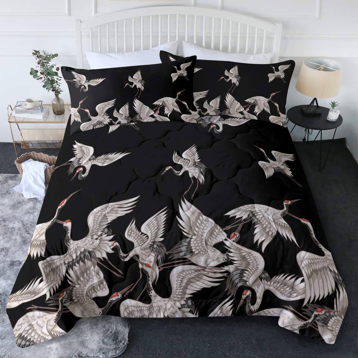 BlessLiving Japanese Cranes Comforter Set 3 Piece - Watercolor White Birds on Black Bedding Set with 2 Pillow Shams, Full/Queen Size - Perfect for Modern Bedroom, Guest Room & Asian-Inspired Home Decor