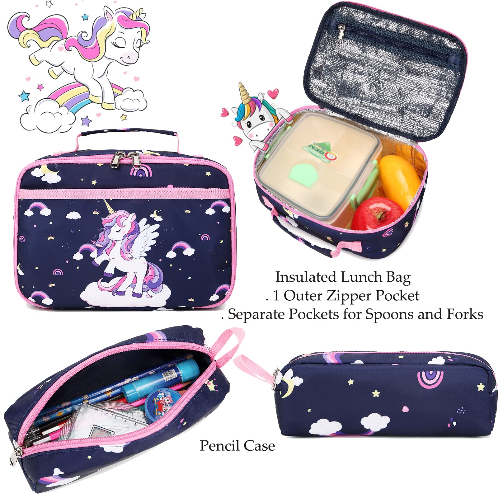 Unicorn Backpack for Girls - 3 in 1 School Bookbag Set with Pencil Case & Lunch Box | Cute Elementary Backpack for Kids | Perfect for School, Travel & Daily Use