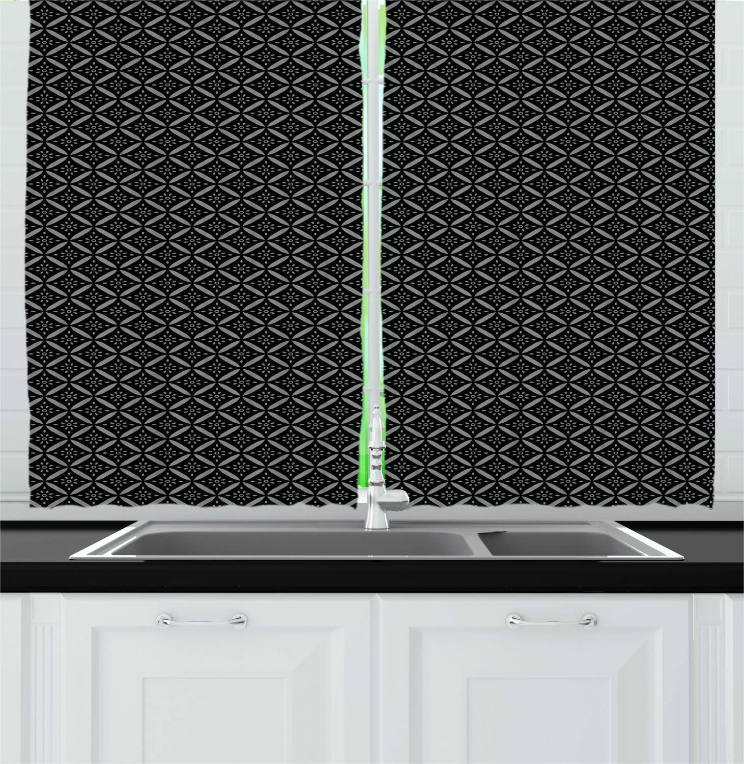 Ambesonne Victorian Long Kitchen Curtains - Royal Floral Tile Design in Black & Grey | 55x45 Inch Rod Pocket Drapes for Vintage Home Decor | Perfect for Dining Room, Living Room & Farmhouse Style Windows