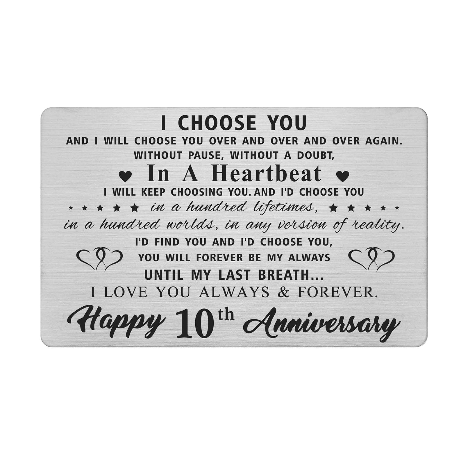 10 Year Anniversary Card for Husband - Personalized Engraved Metal Wallet Insert - Romantic Gift for Him - Perfect for 10th Wedding Anniversary Celebrations