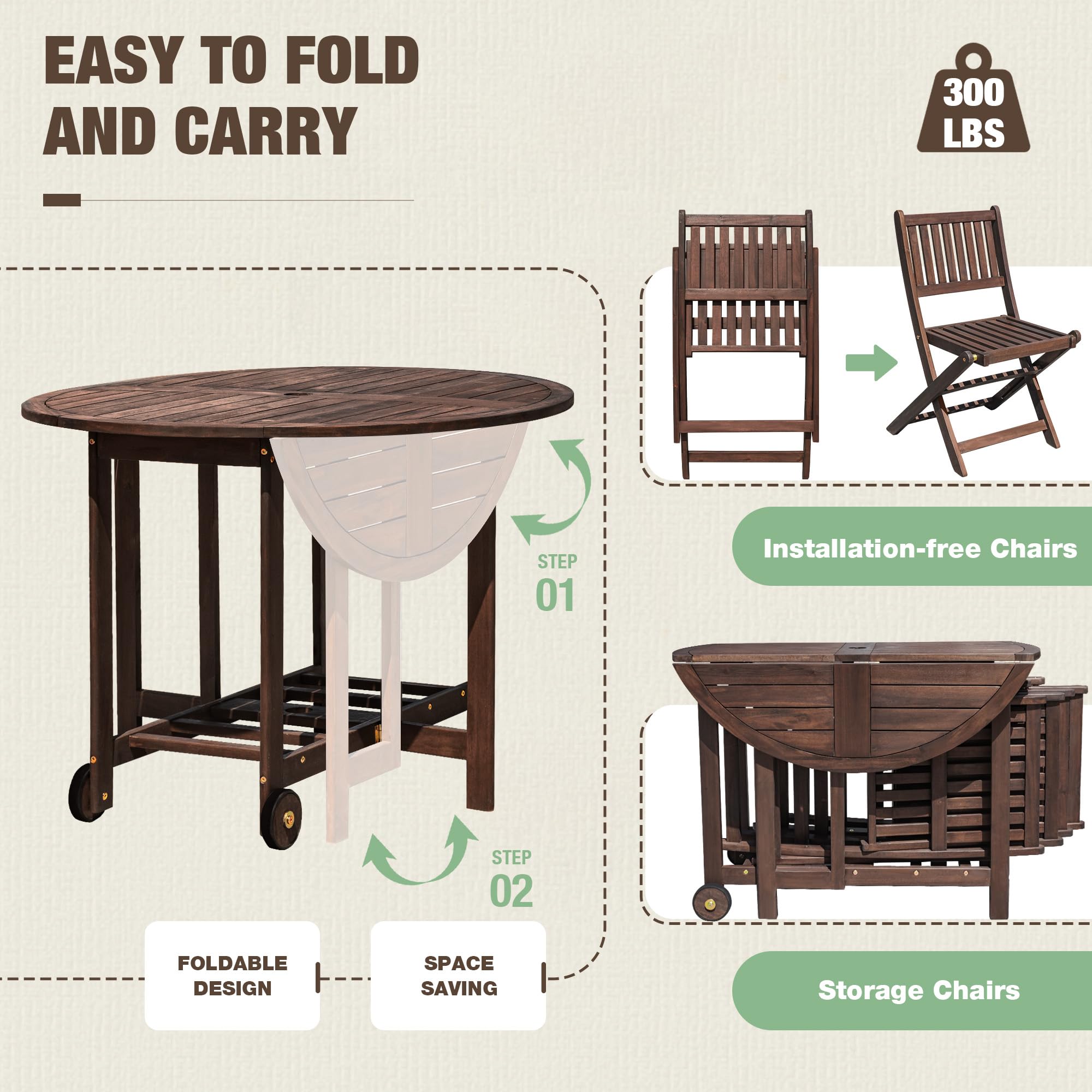 Devoko 5-Piece Acacia Wood Outdoor Dining Set - 37