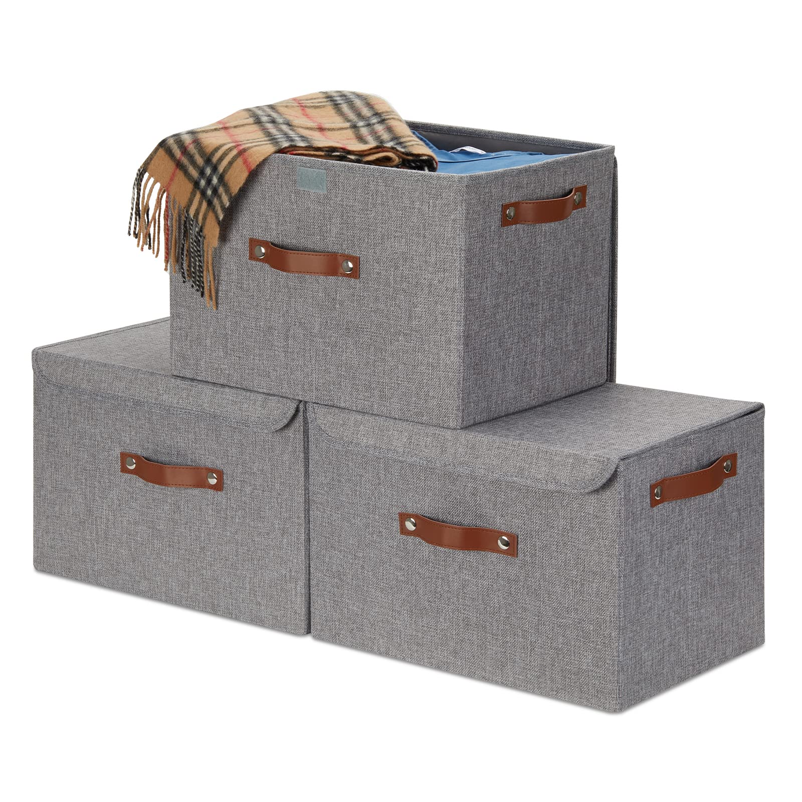 WLFRHD 3-Pack Collapsible Storage Bins with Lids - 16 Inch Large Clothes Organizer Boxes for Shelves, Linen & Home Organization - Space-Saving Decorative Storage Baskets with Handles (Grey) - Perfect for Closet, Bedroom, Nursery & Office Storage Solutions
