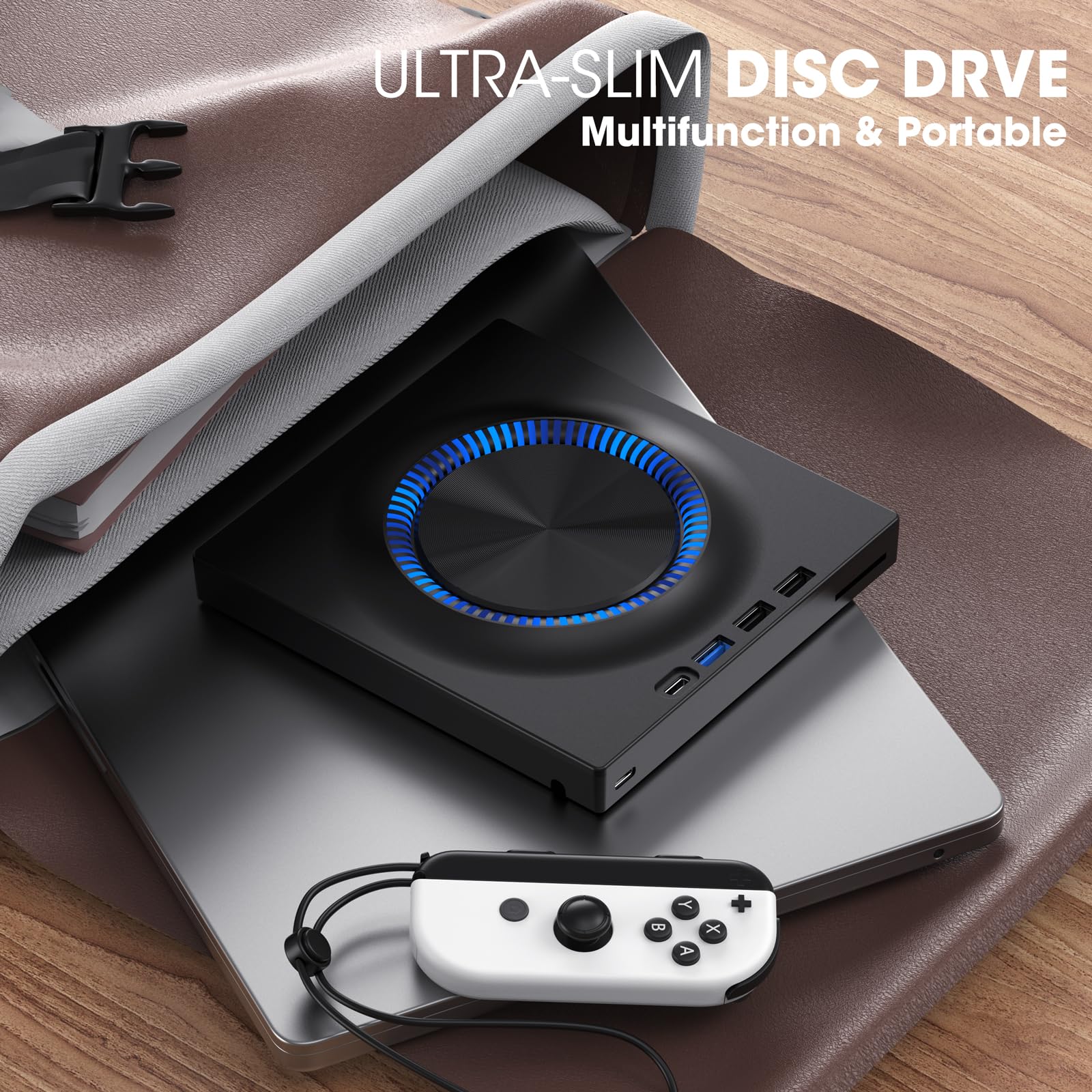 ROOFULL External DVD Drive with USB 3.0 & USB-C Hub - Portable CD/DVD Burner Player with SD Card Reader - Compatible with Mac, Windows 11/10/8/7, Linux PCs - Perfect for Laptop Data Backup, Movie Playback & File Transfer