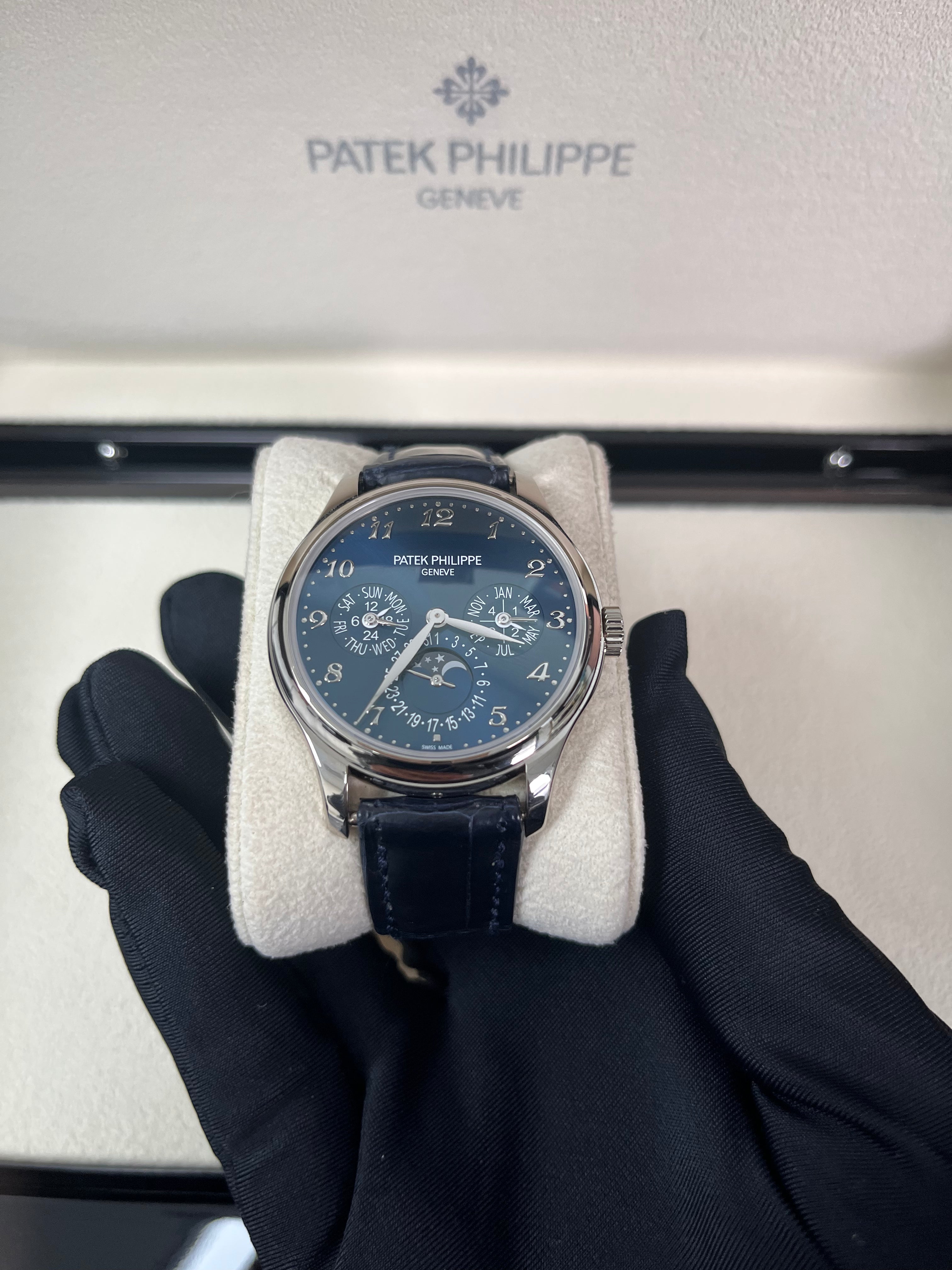 Patek Philippe Grand Complications Perpetual Calendar Moon Phase Watch - 18K White Gold Case, Royal Blue Dial & Alligator Leather Strap (Ref#5327G-001) | Luxury Dress Watch for Formal Occasions & Collector's Item
