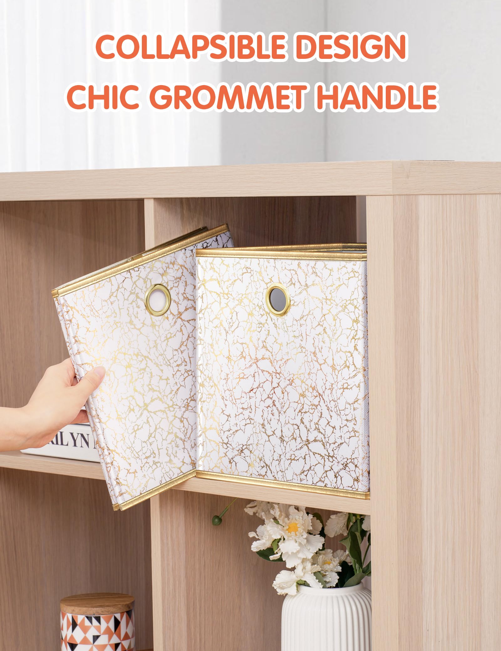Foldable 11-Inch Collapsible Storage Cube Bins with Grommet Handle - 4-Pack Fabric Storage Organizers for Shelves, Closet, Nursery, Toys & Home Organization (White Gold) - Perfect for Small Space Storage & Kids' Room Organization